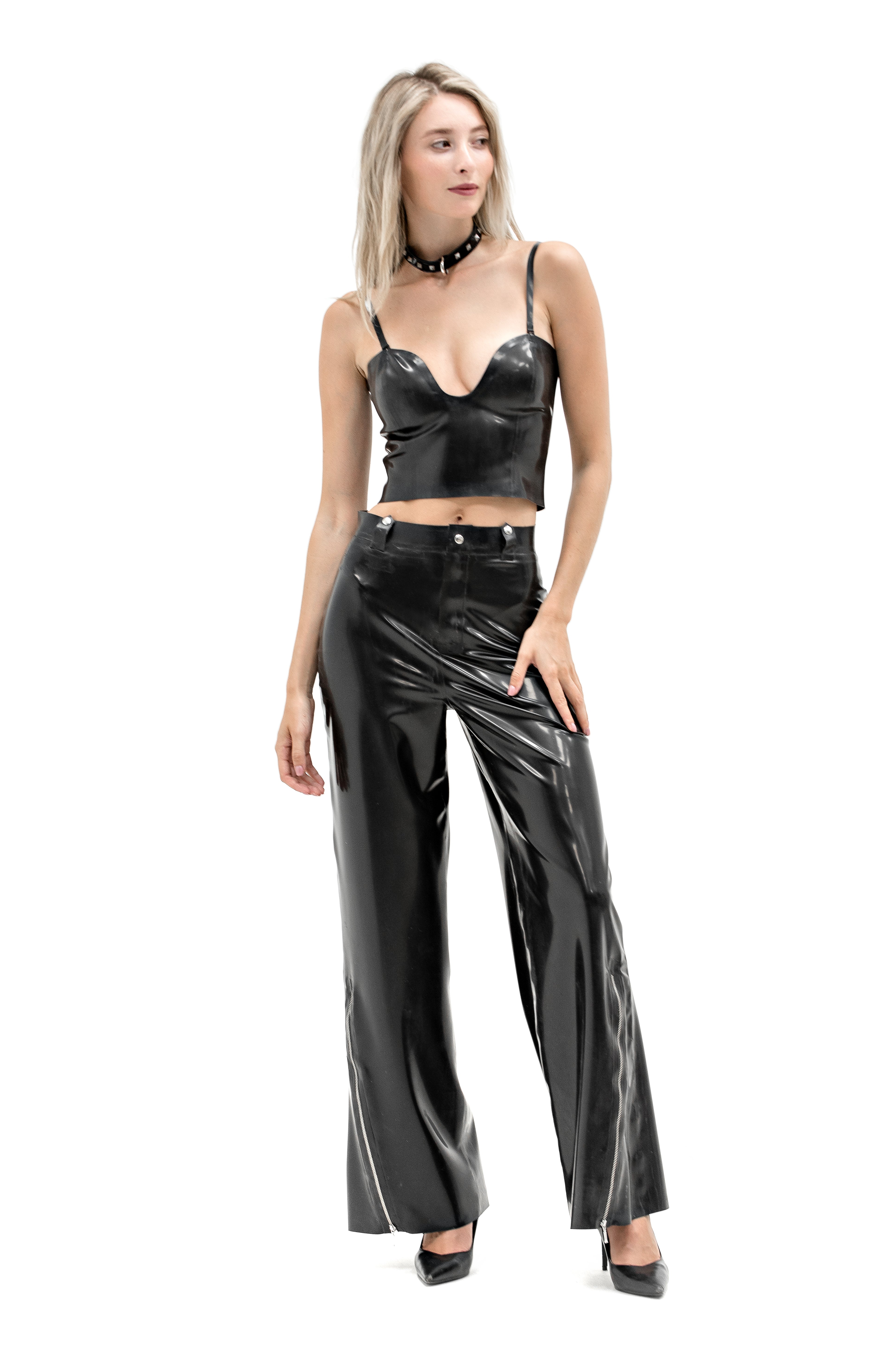 High-Waisted Latex Pants with Side Zippers. Black