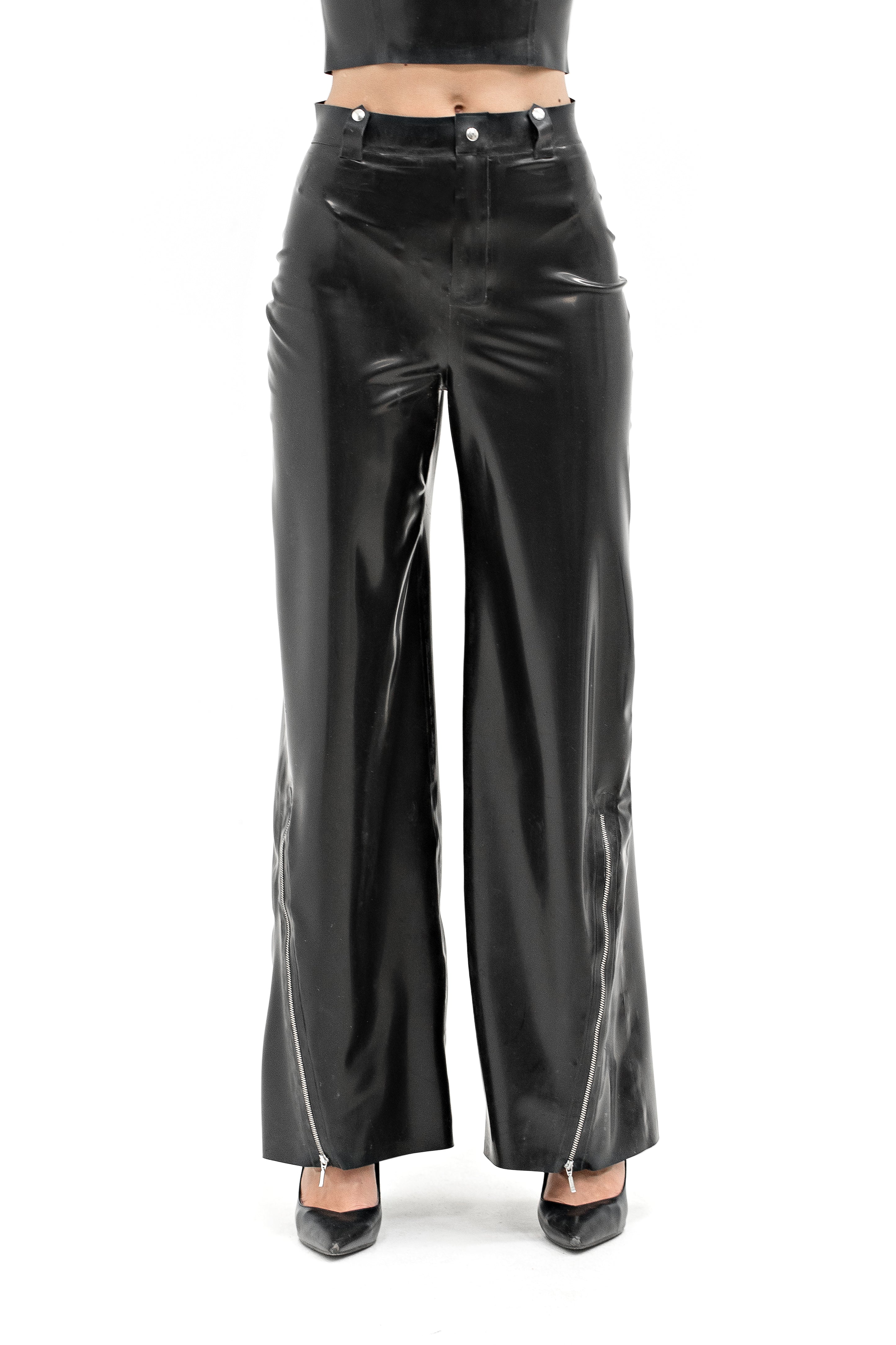 High-Waisted Latex Pants with Side Zippers. Black