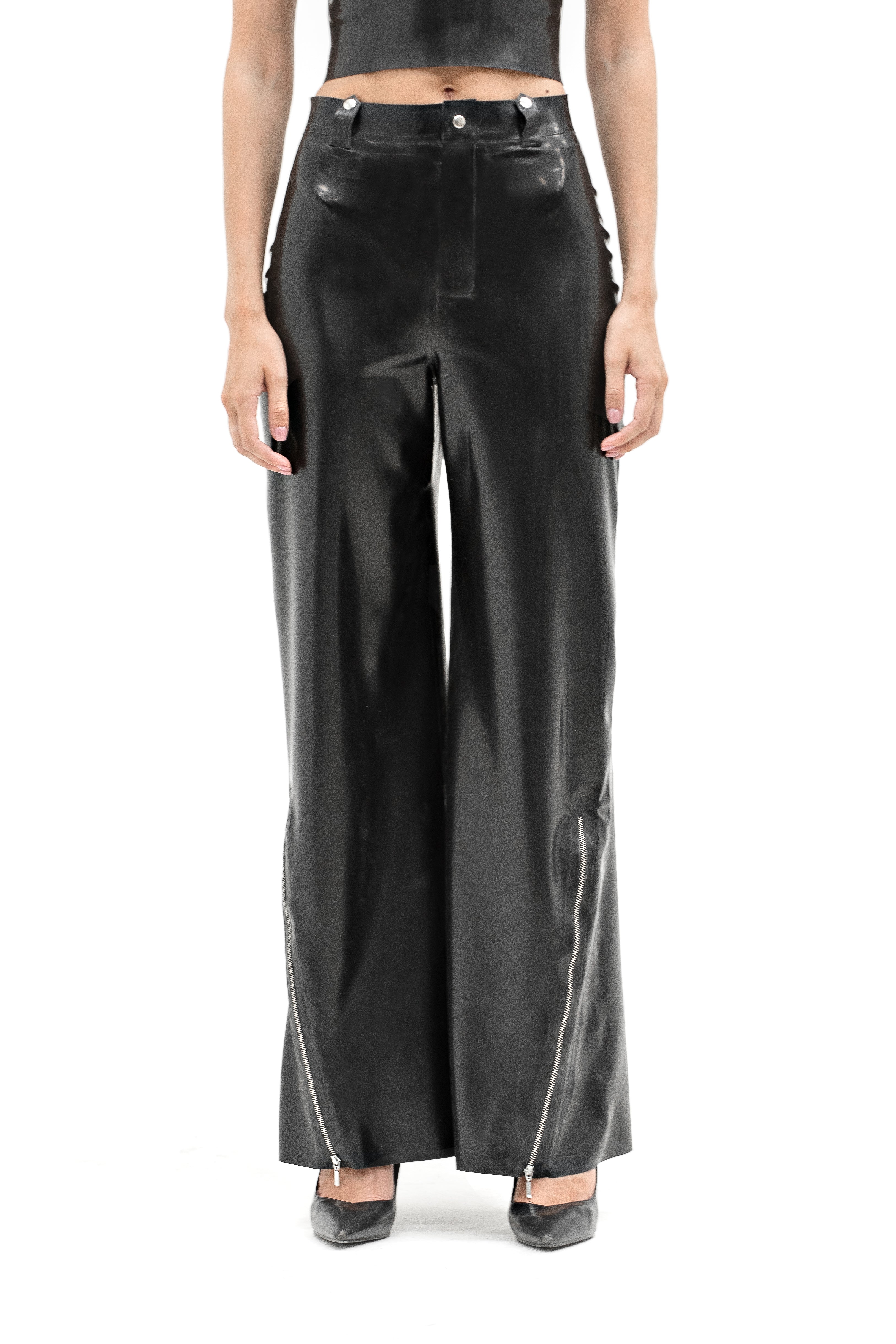 High-Waisted Latex Pants with Side Zippers. Black