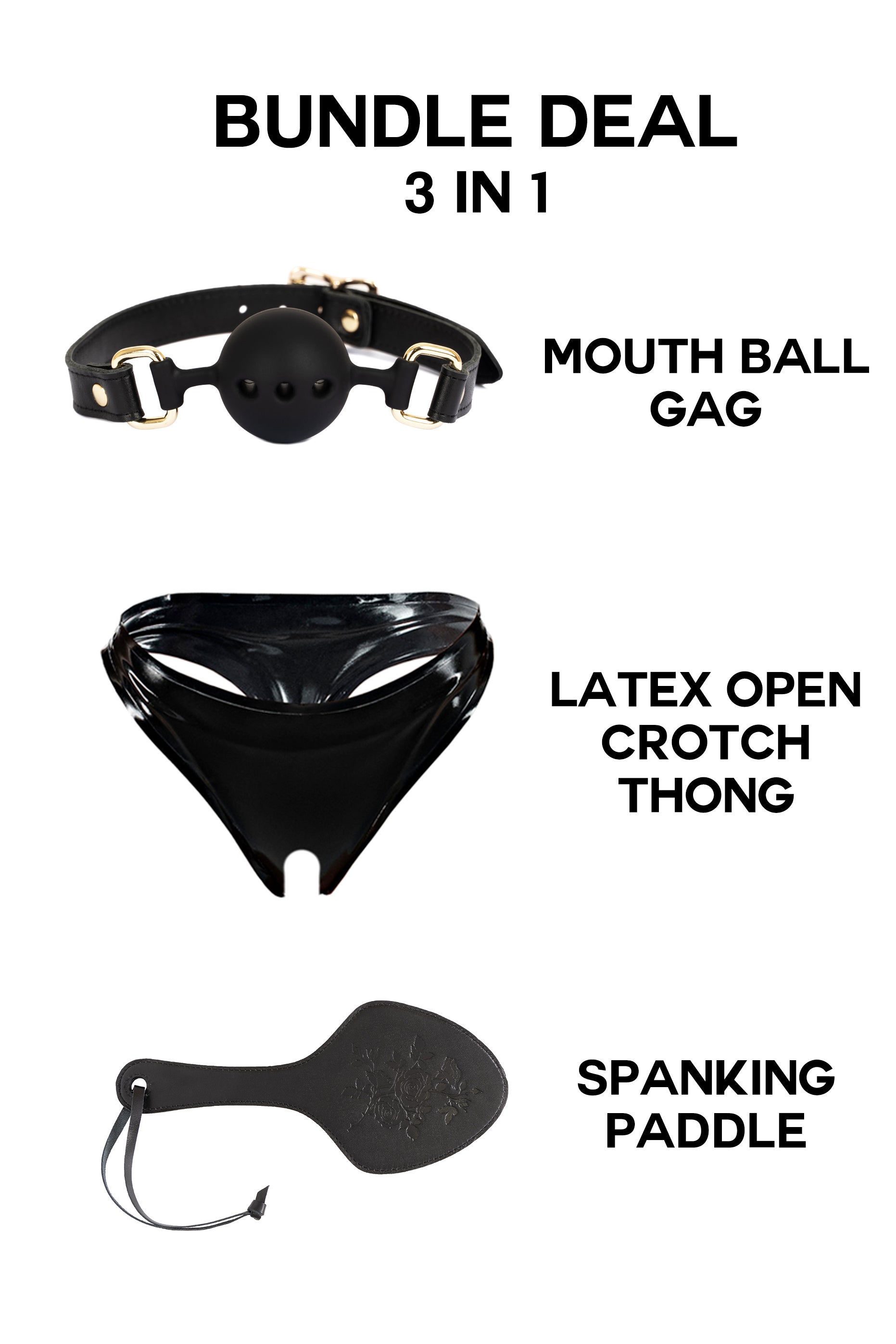 Adult Package - Smart Price, Pure Satisfaction: Ball Gag + Latex Panties + Spanking Paddle. Black