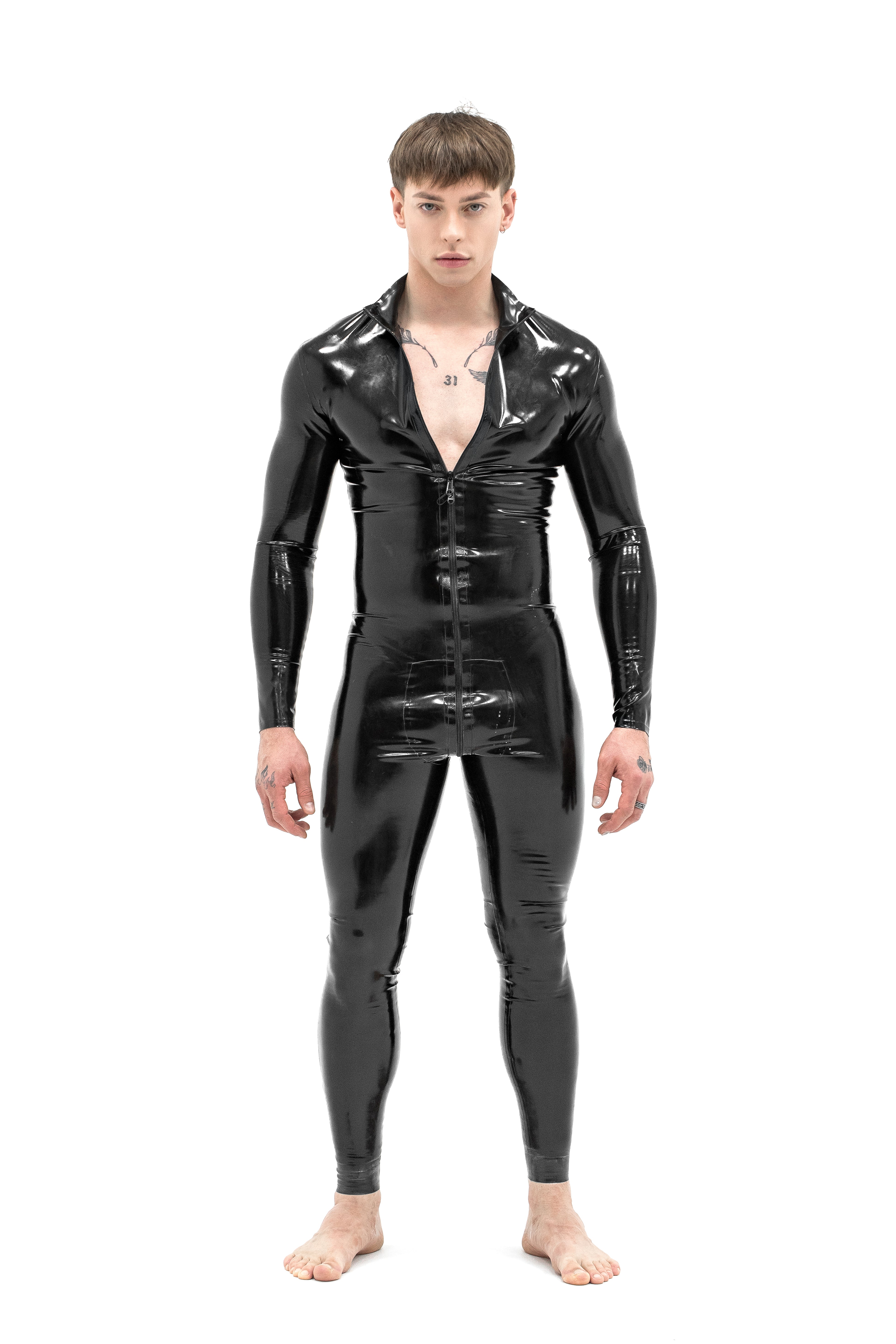 Man in a black latex catsuit