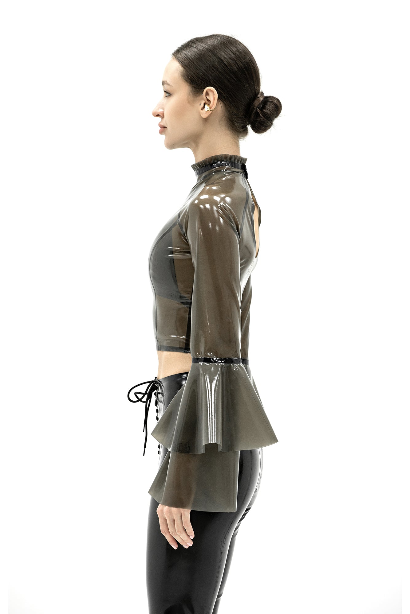 Latex top with ruffled sleeves in semi-transparent black color