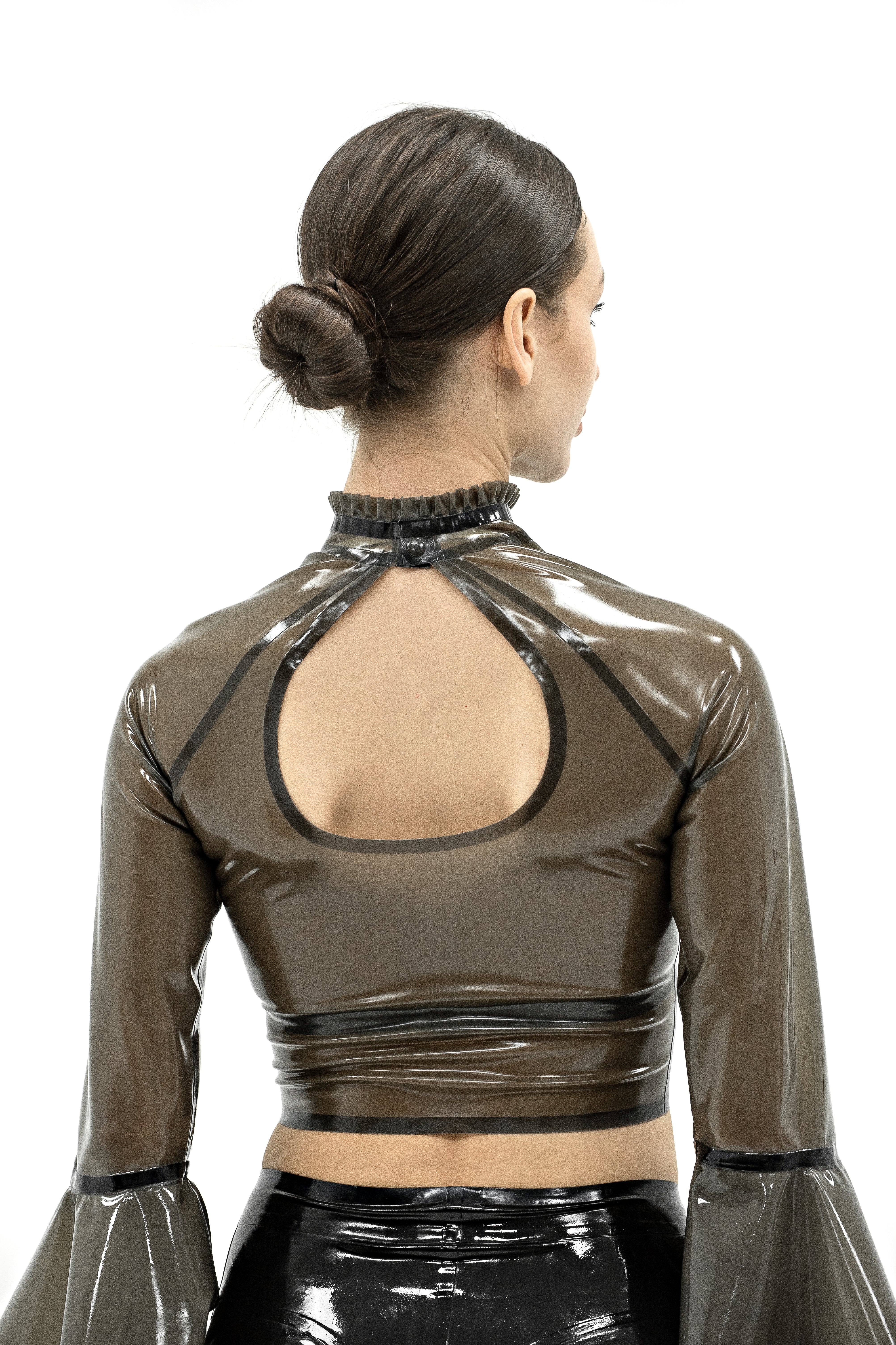 Latex top with ruffled sleeves in semi-transparent black color