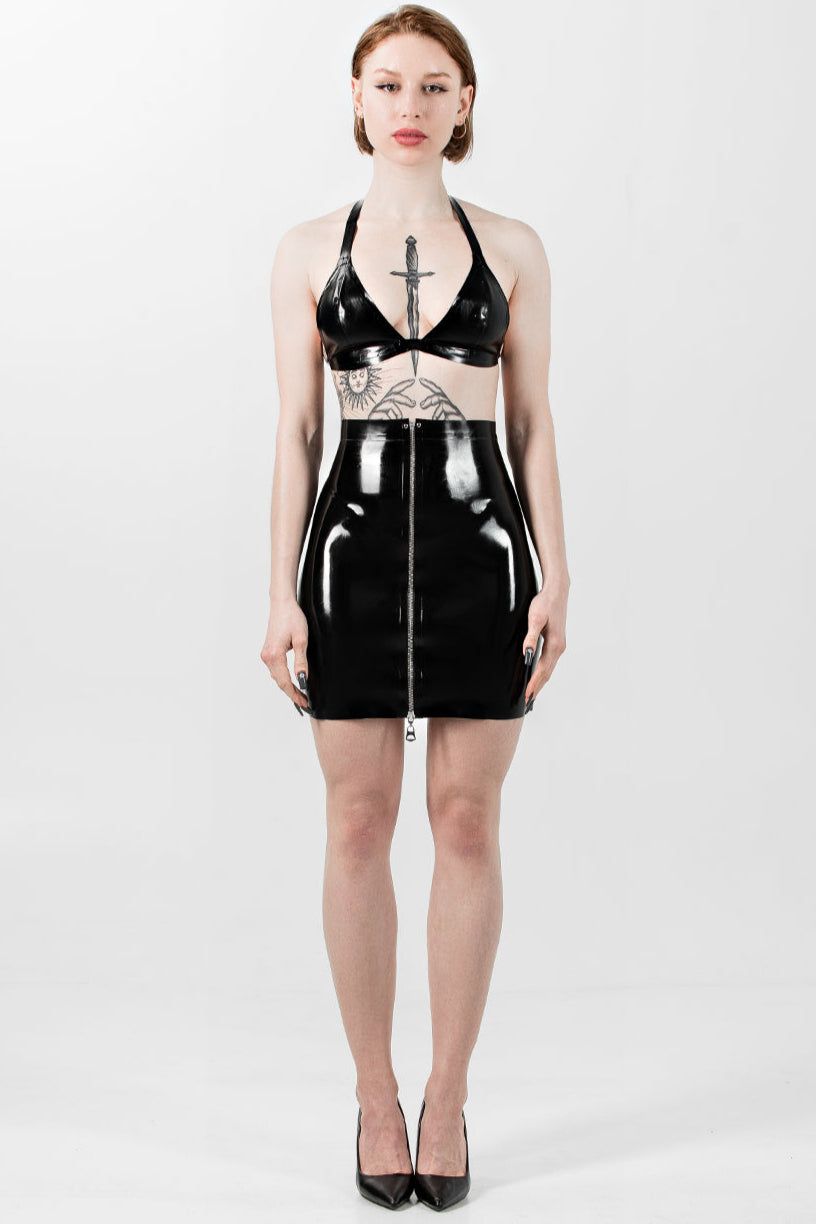 Latex Zipped Mini Skirt. Black