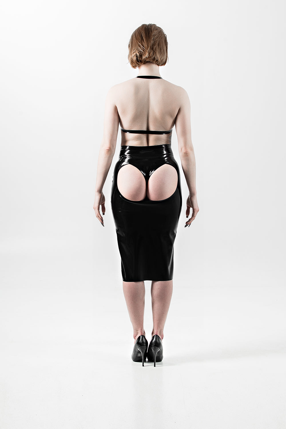 Latex High Waist Skirt with open butt. Black