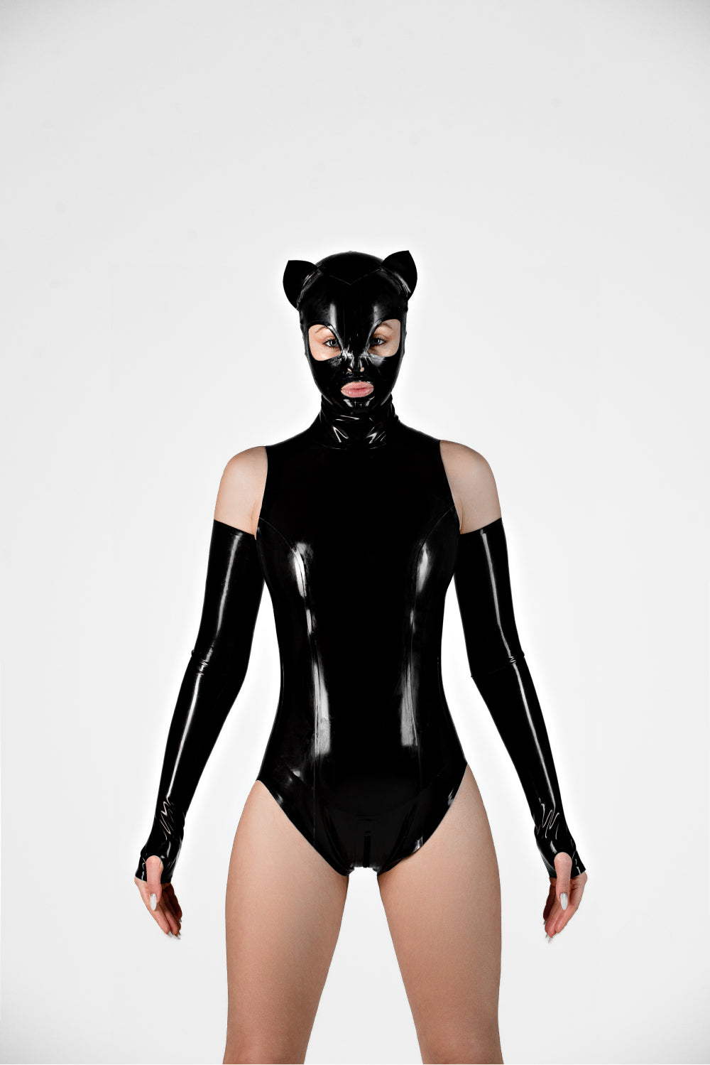 Latex cat mask with opened mouth. Black
