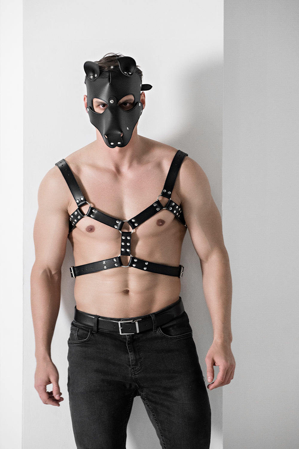 Long Chest Harness Genuine Leather. Dark Blue