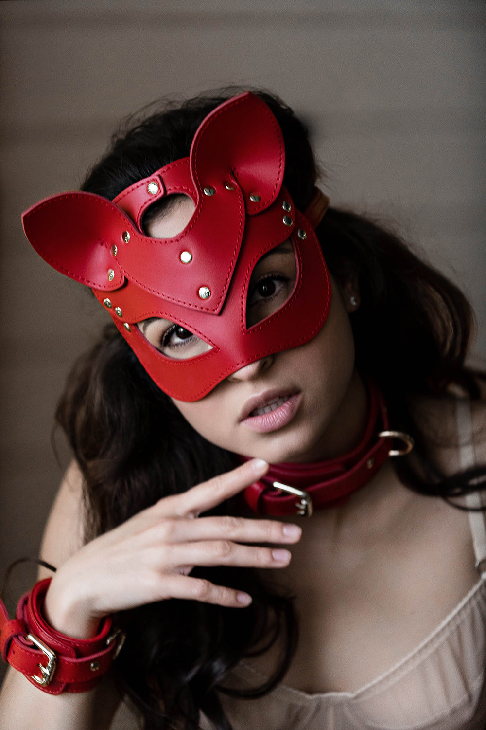 Leather сat mask, kitty fetish mask. Red