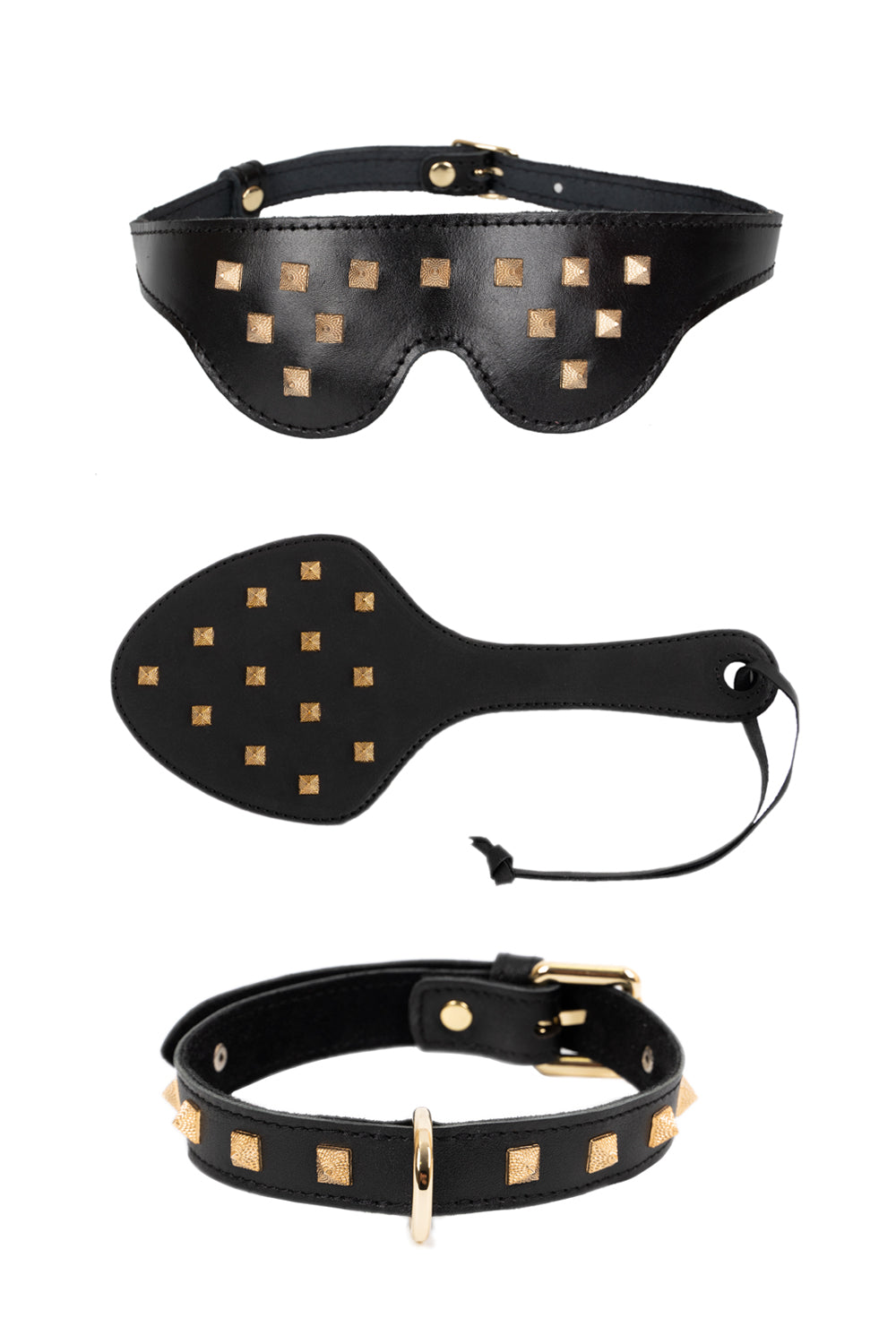 3 in 1 Leather Luxury Set with Spikes. Blindfold Mask, Spanking Paddle, Choker