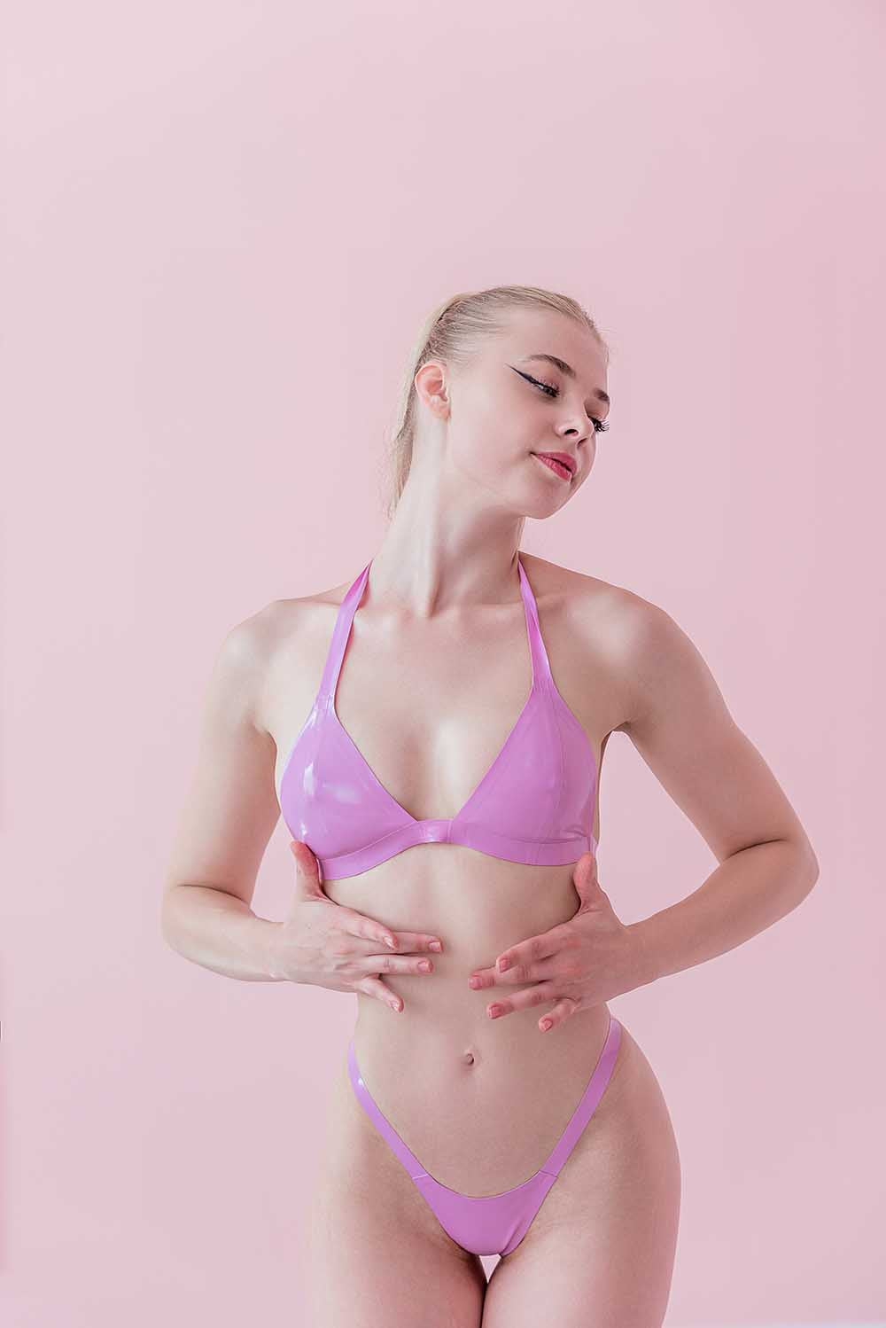 Pink Latex Lingerie, Latex bra + micro bikini