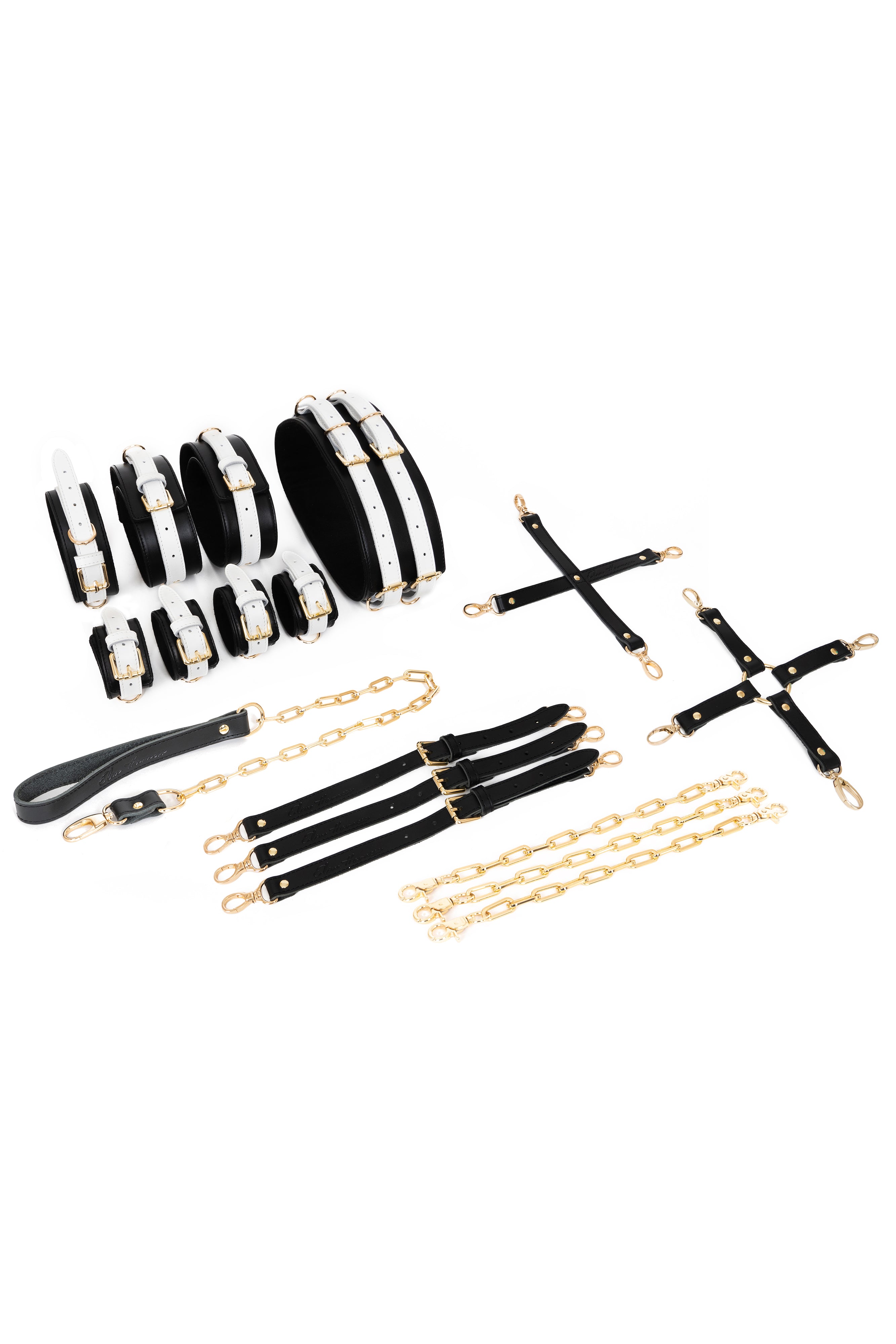 Black'n'White Full Leather Harness Bondage Set with Chain Connectors