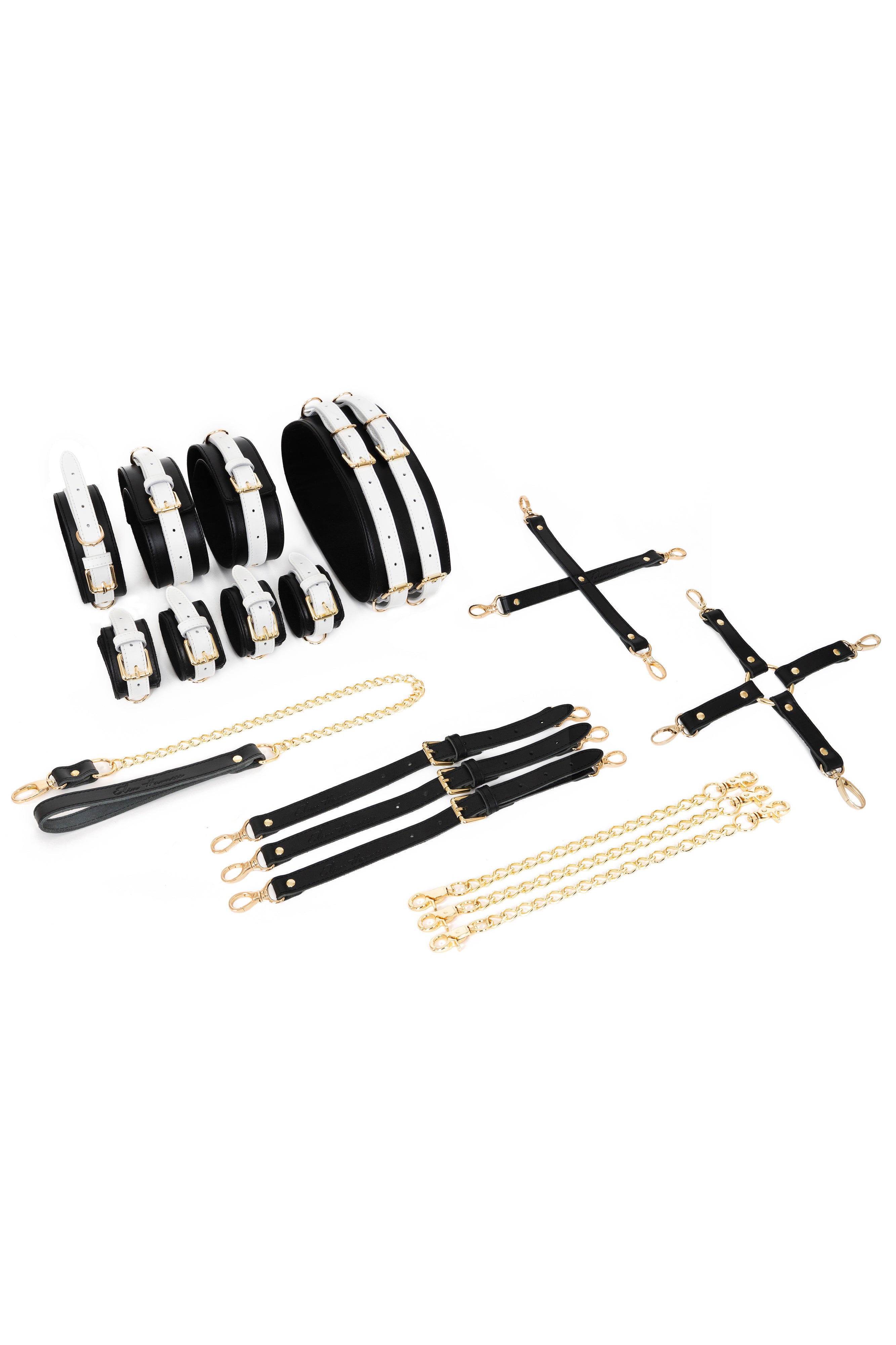 Black'n'White Full Leather Harness Bondage Set with Chain Connectors