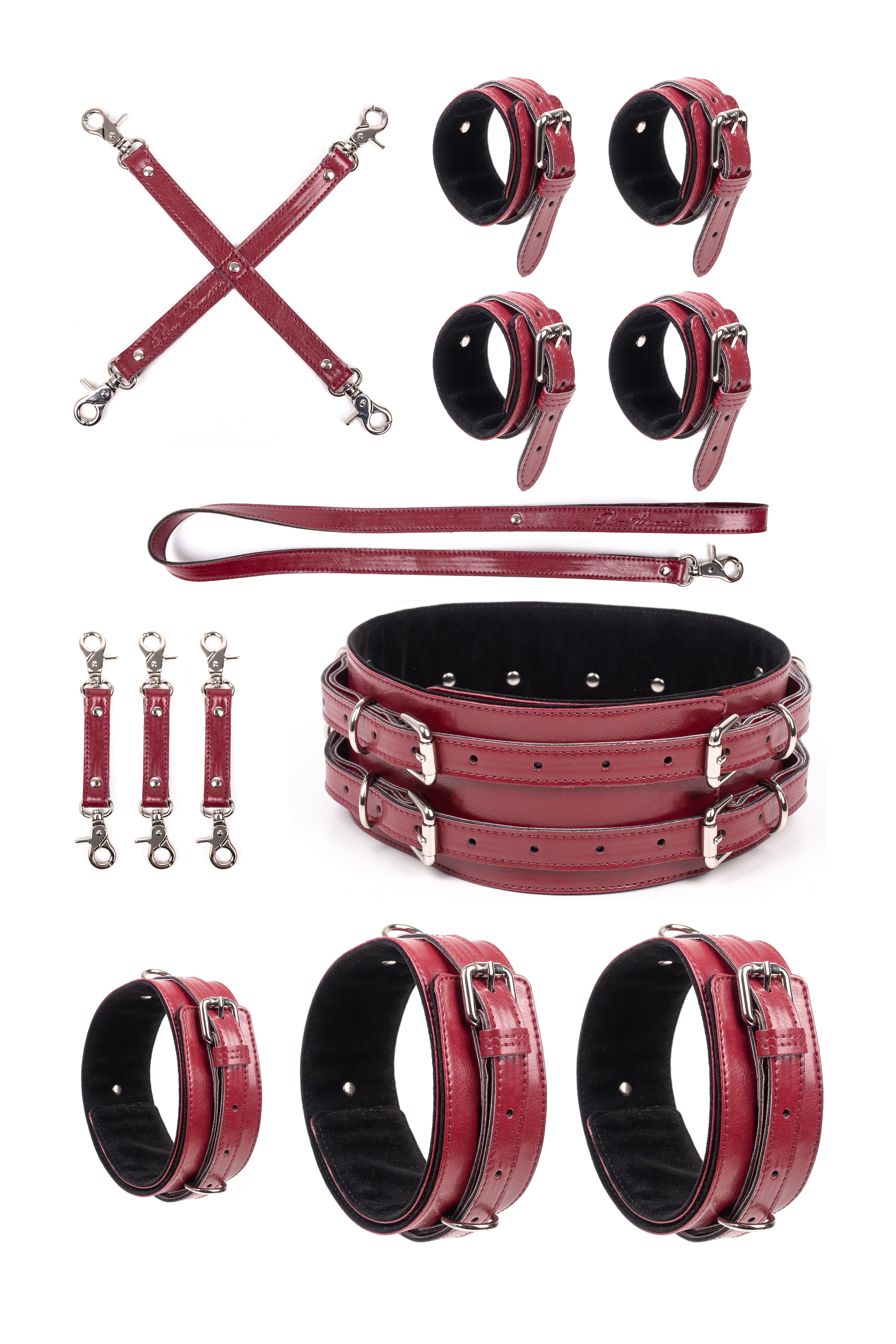 6 in 1 Vegan Leather Harness Bondage Set. Burgundy