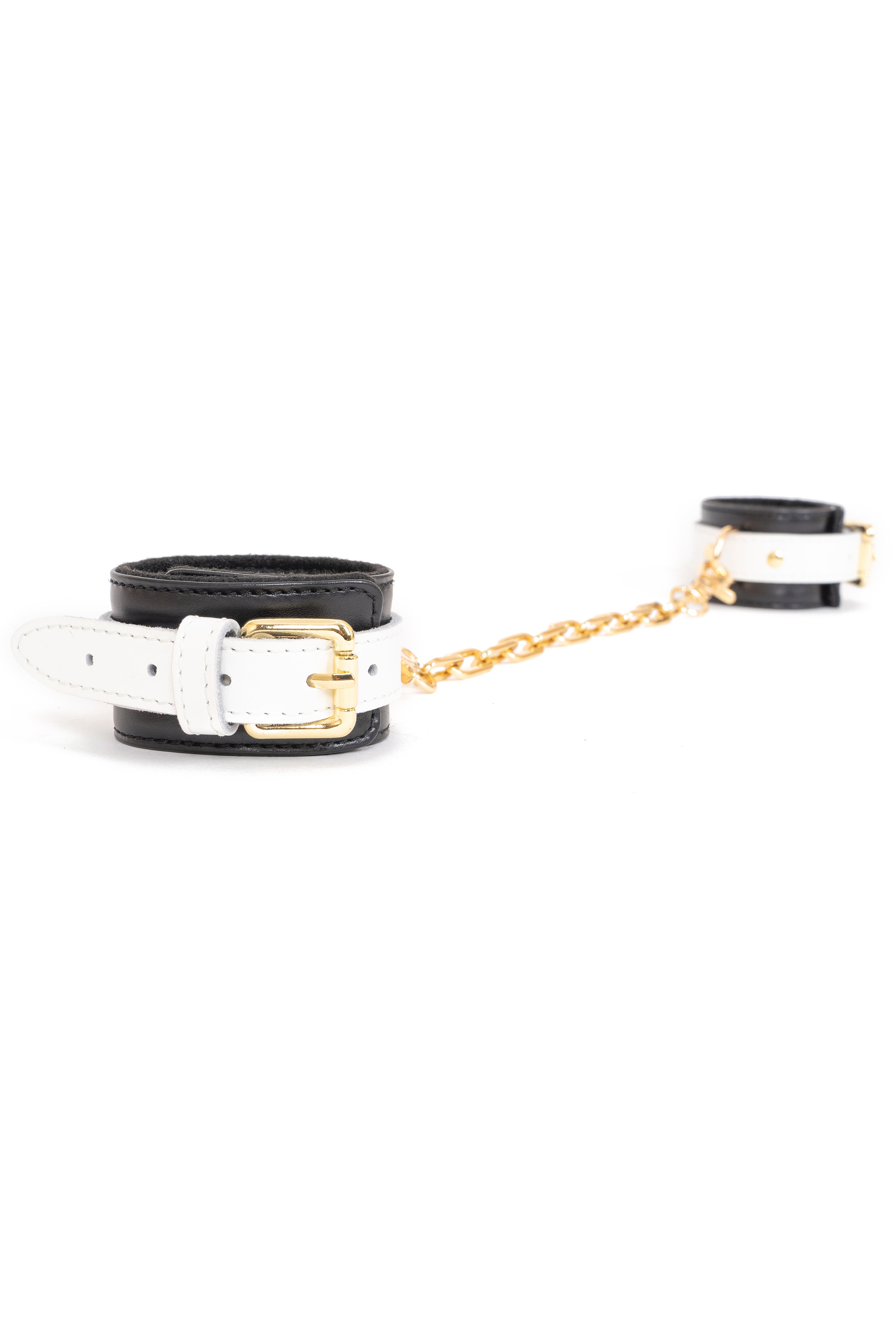 Black'n'White Leather Handcuffs, Ankle cuffs with chain connector