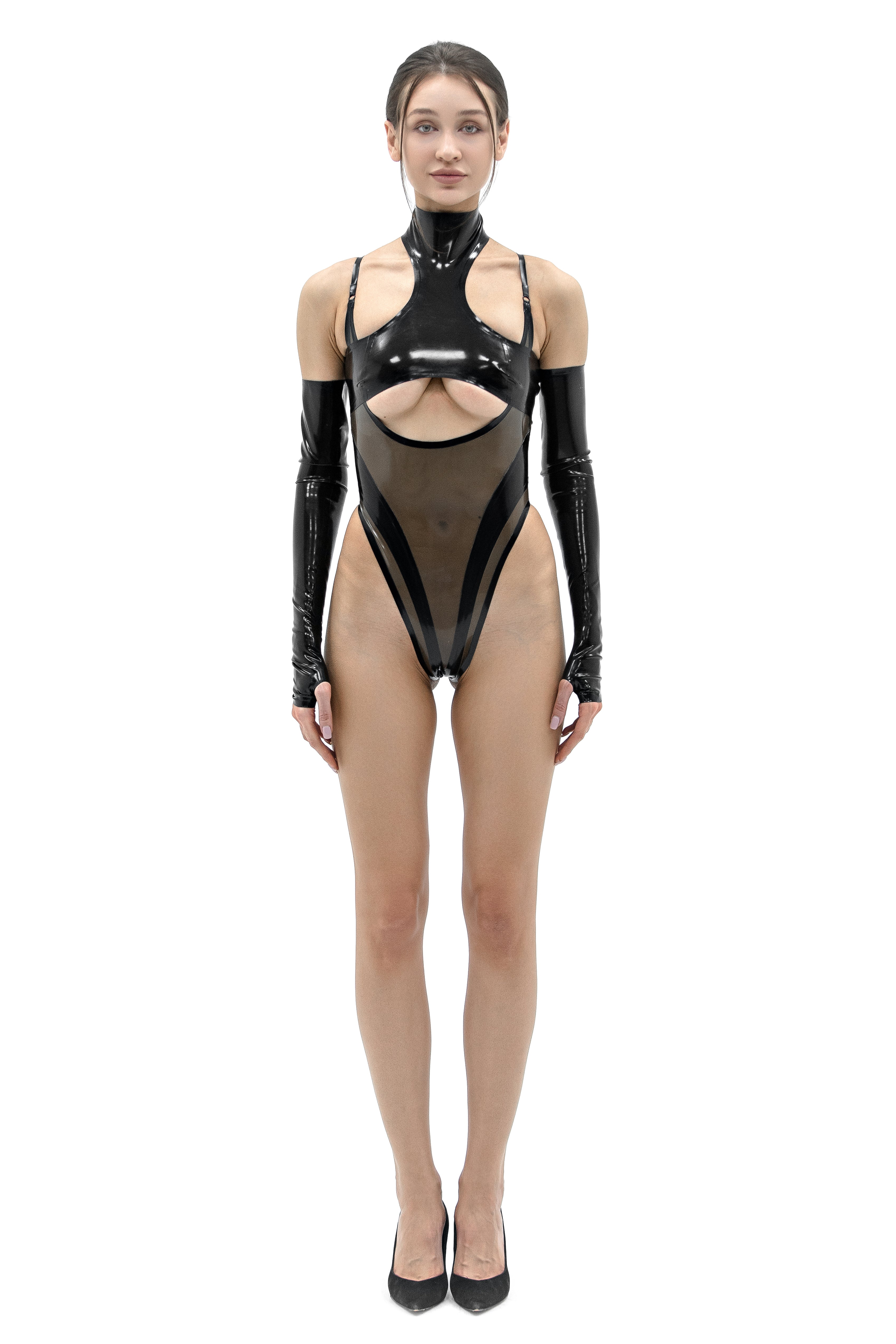 Latex set: Semi-transparent bodysuit with open bust + high neck top