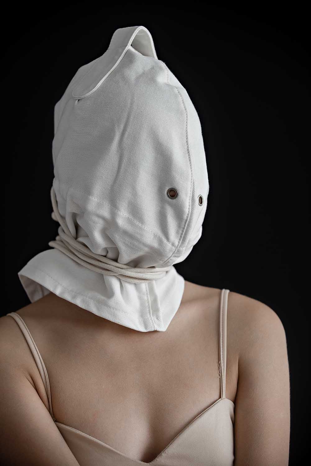 Bondage Hood, blindfold hood with holes for breathing. White