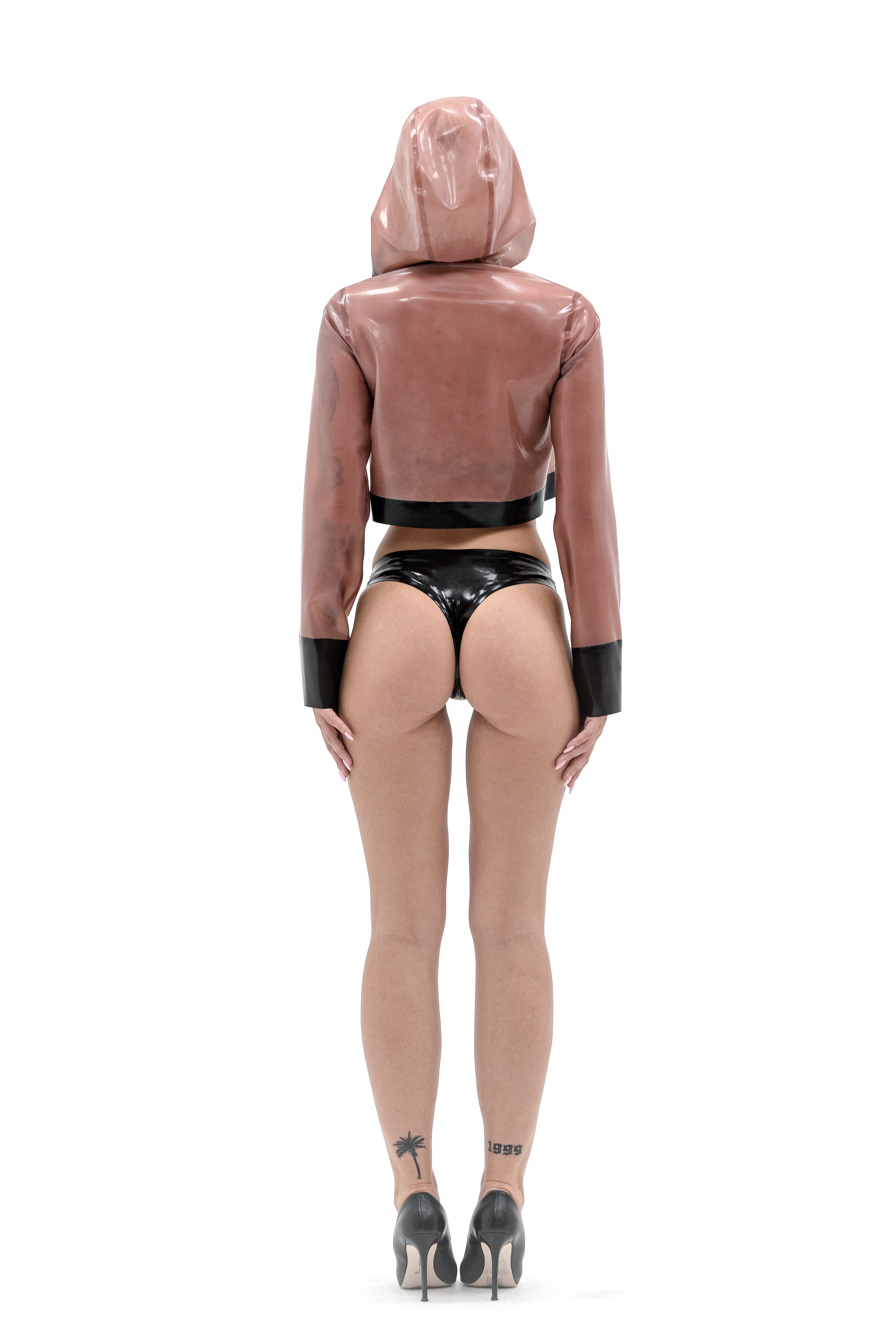 Latex shortcut jacket with a hood. Semi-transparent Pink