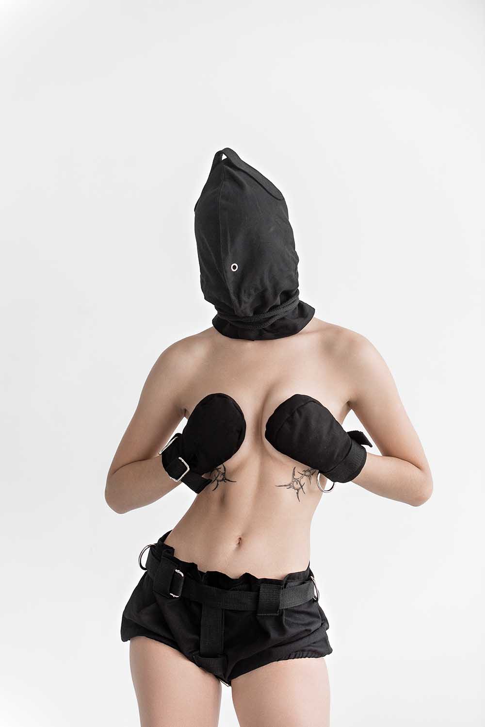 Bondage Hood, blindfold hood with holes for breathing. Black