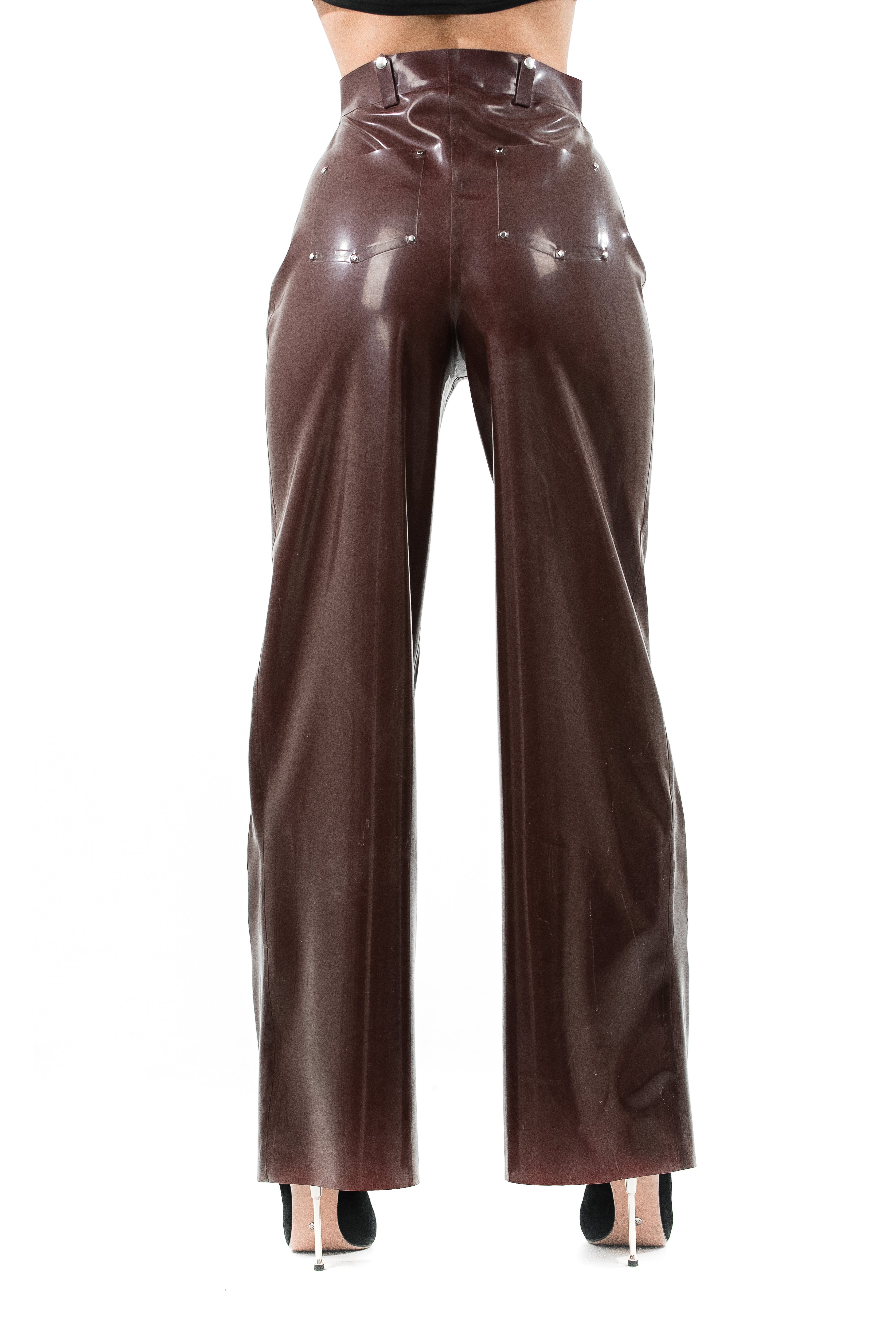 High-Waisted Latex Pants with Side Zippers. Brown