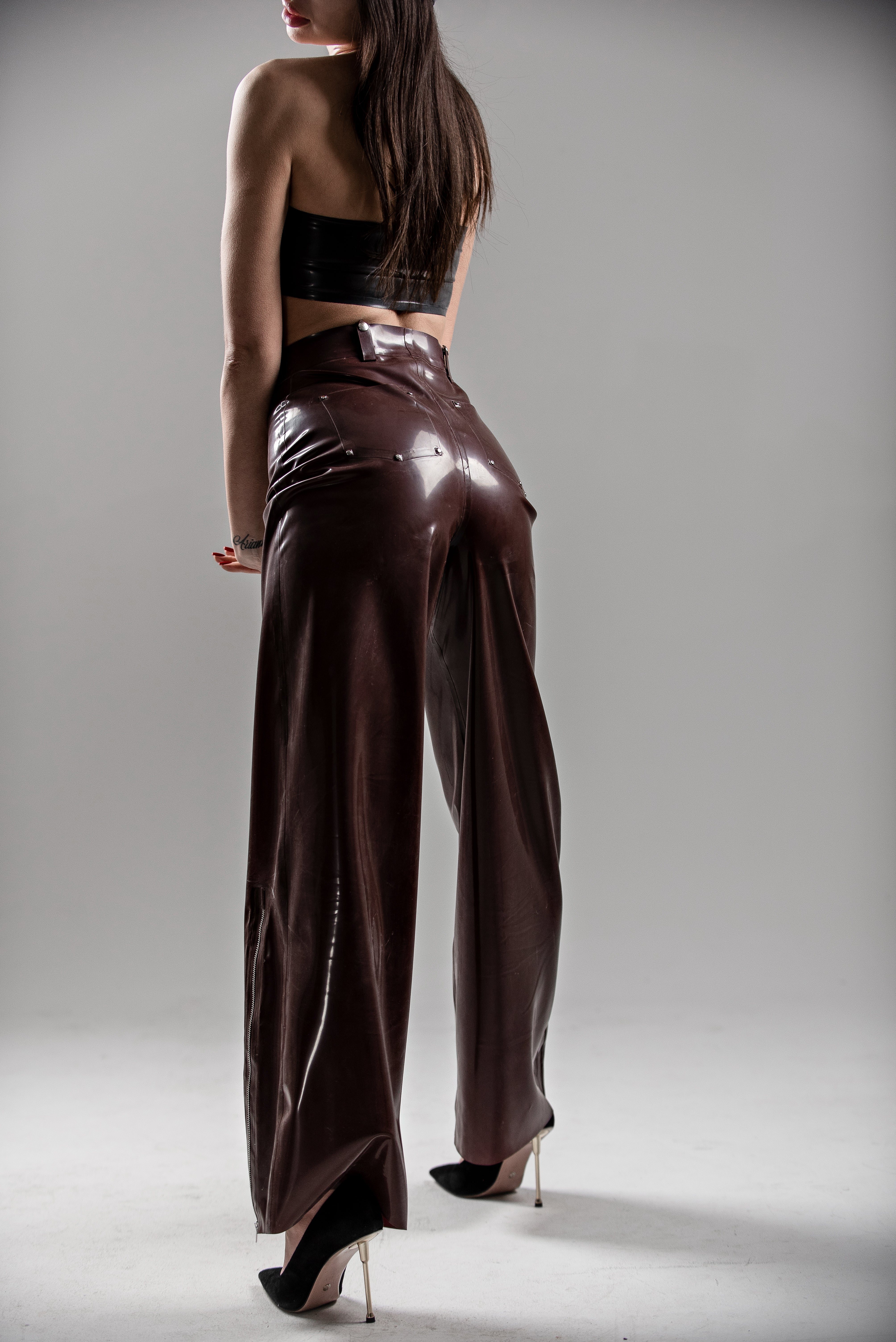 High-Waisted Latex Pants with Side Zippers. Brown