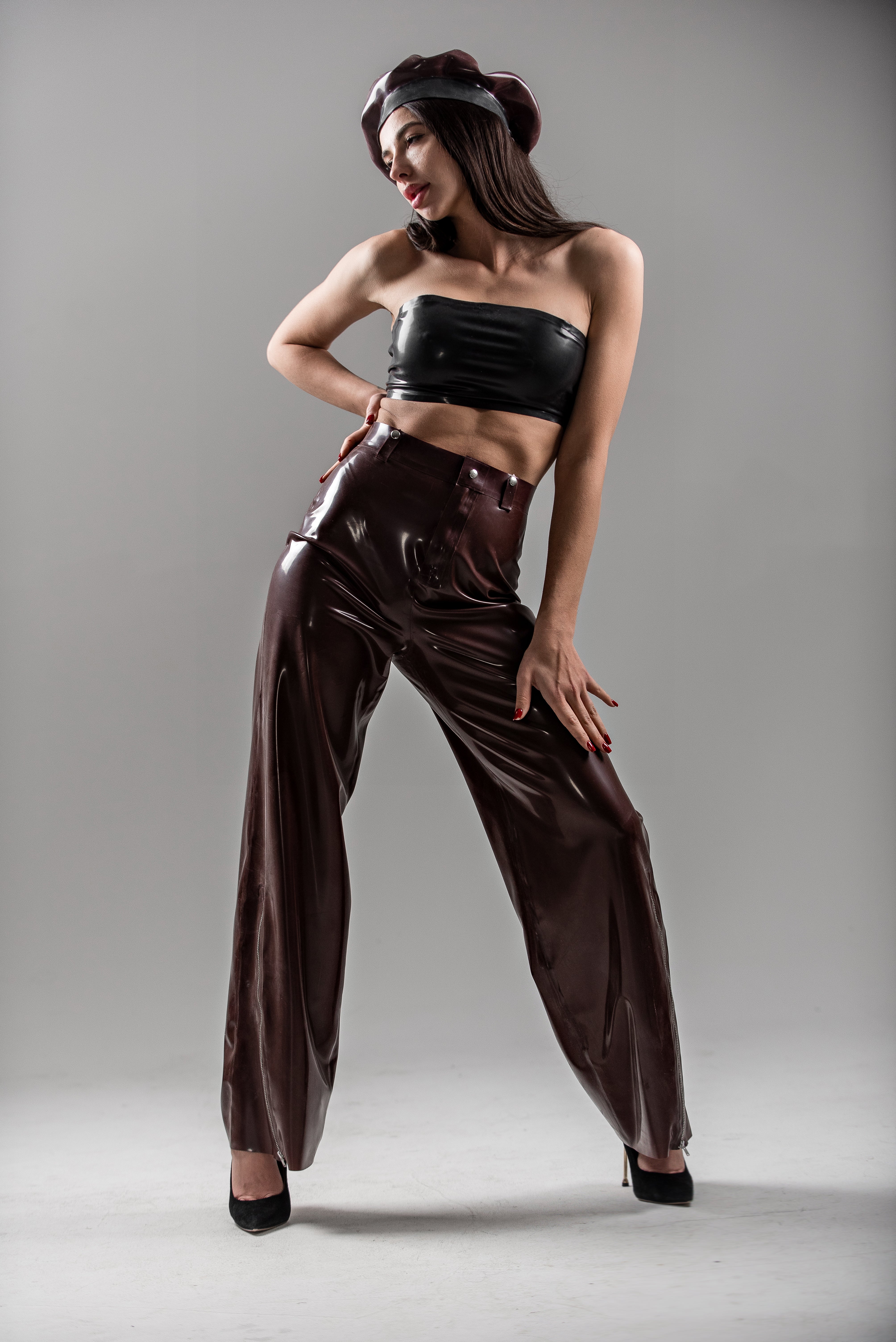 High-Waisted Latex Pants with Side Zippers. Brown