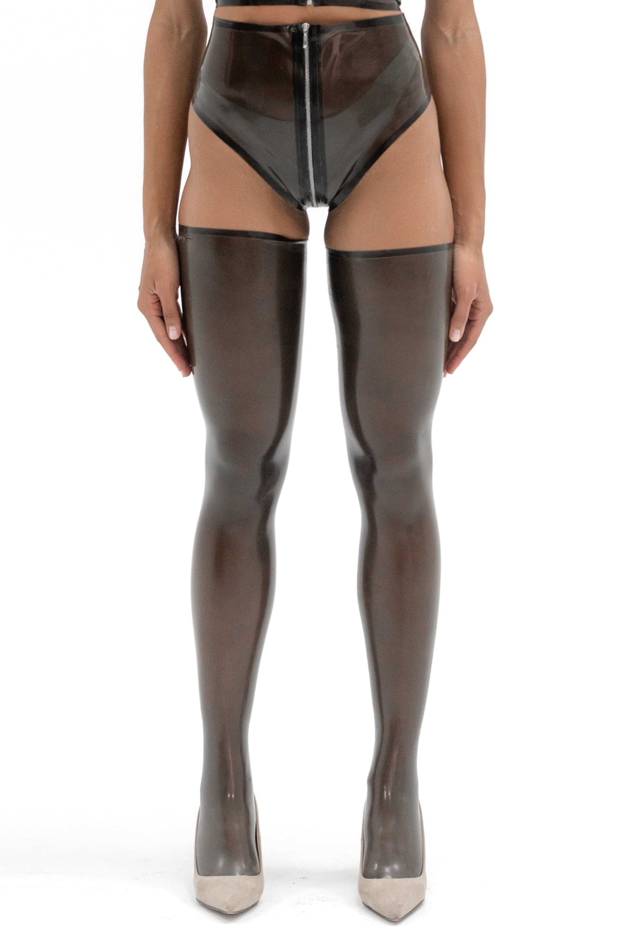 Latex High-Waist Zipper Panties. Semi-transparent Black