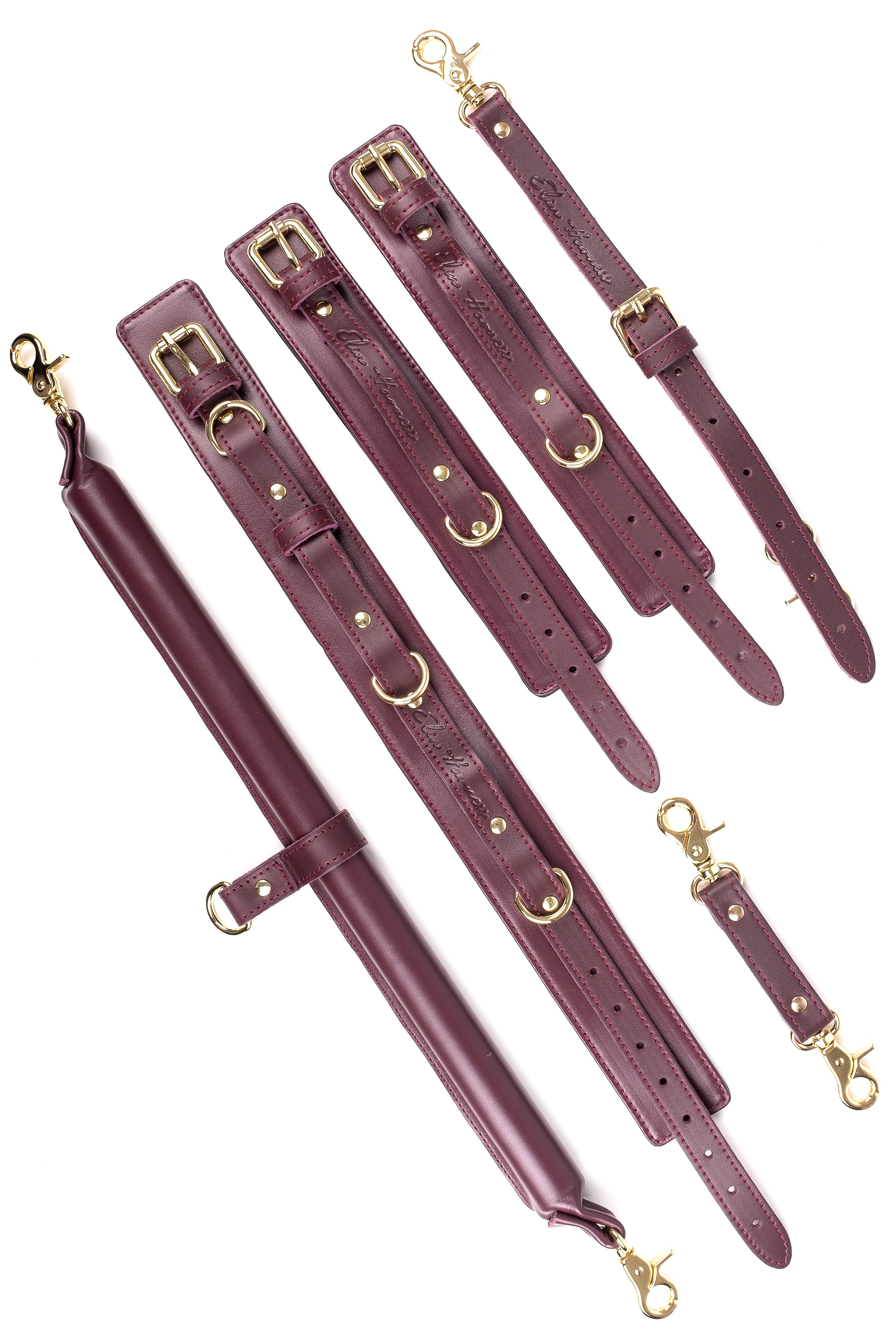 3 Point BDSM Leather Spreader Bar Set. Burgundy