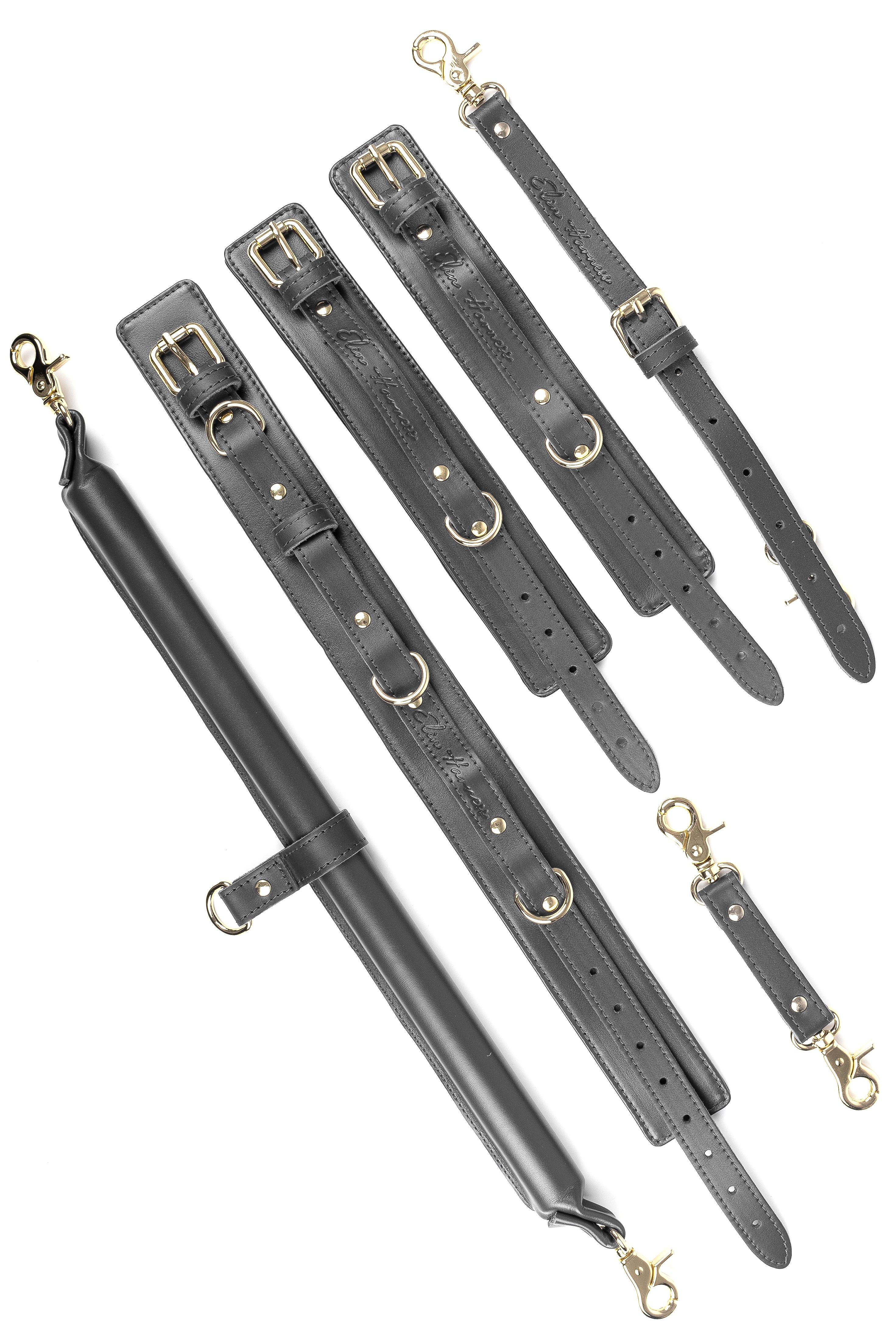 3 Point BDSM Leather Spreader Bar Set. Black