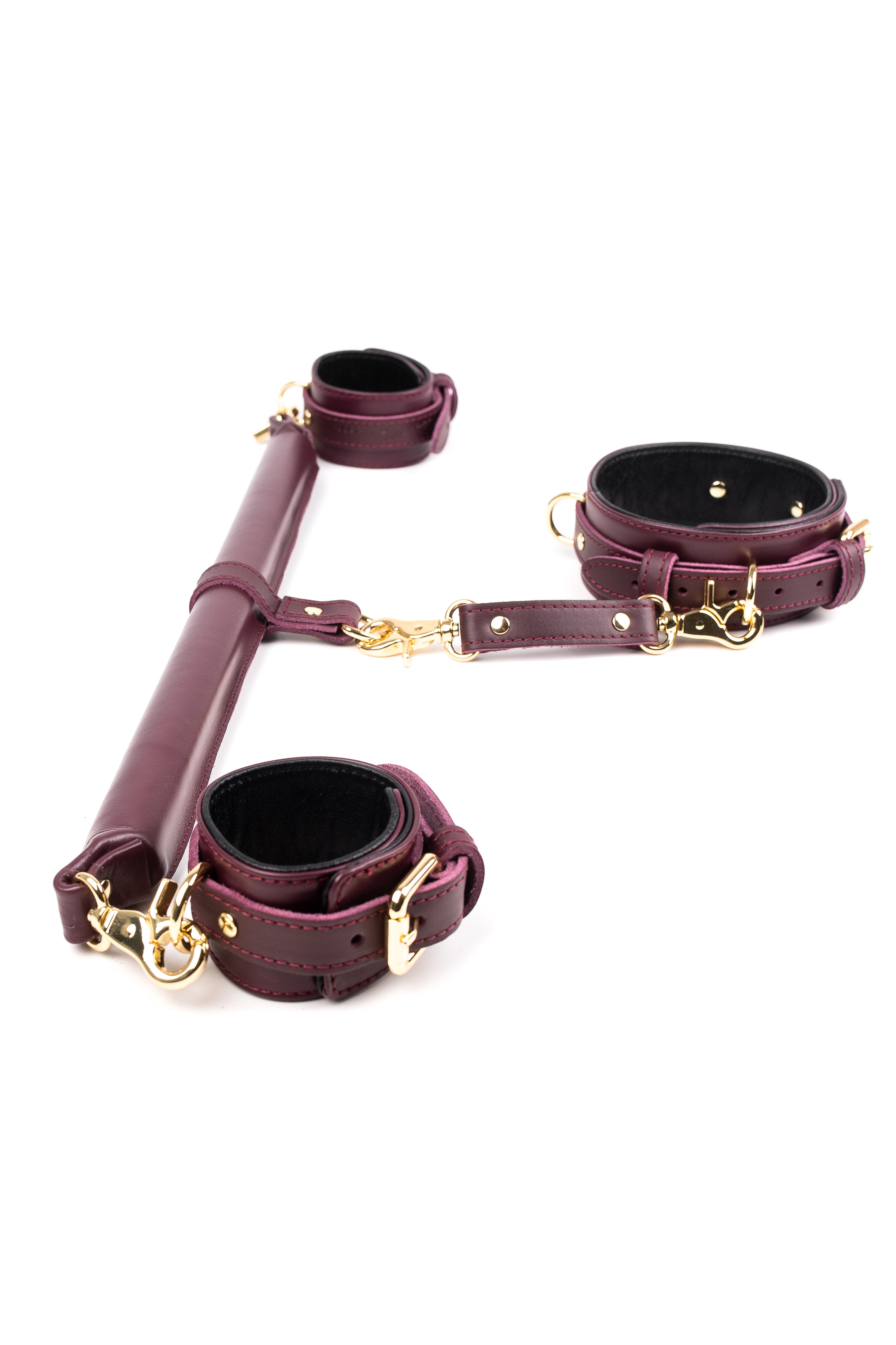 3 Point BDSM Leather Spreader Bar Set. Burgundy