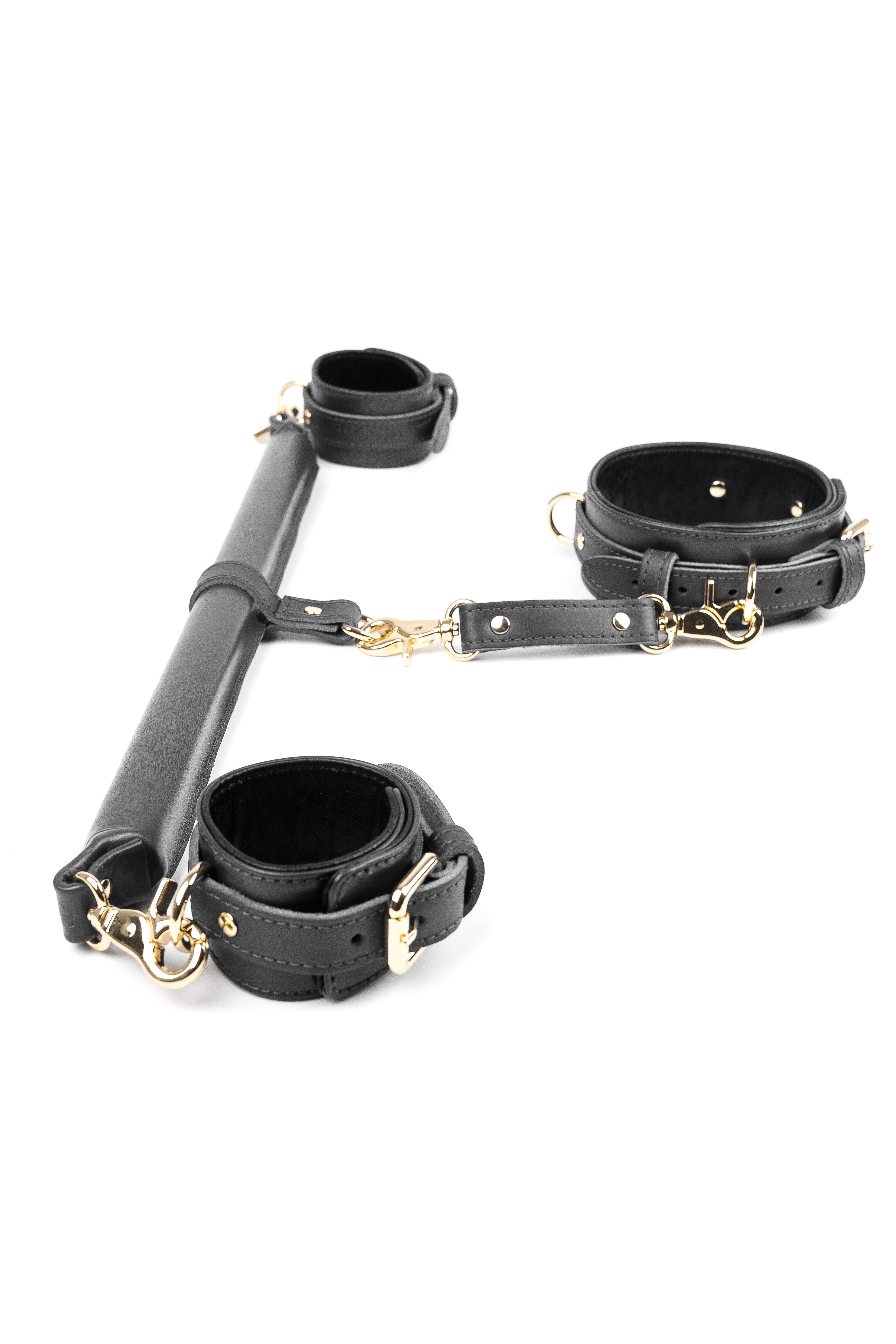 3 Point BDSM Leather Spreader Bar Set. Black