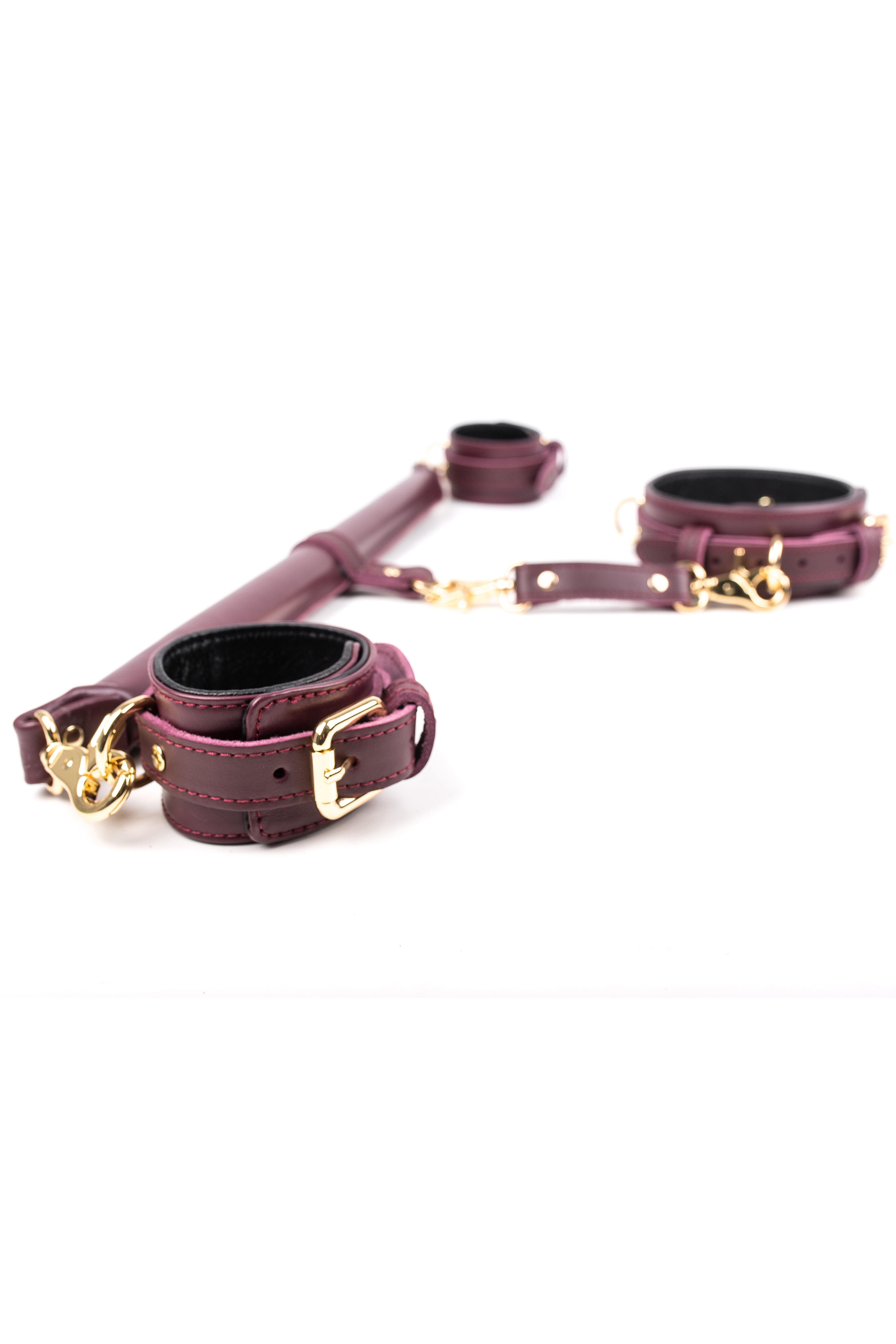 3 Point BDSM Leather Spreader Bar Set. Burgundy