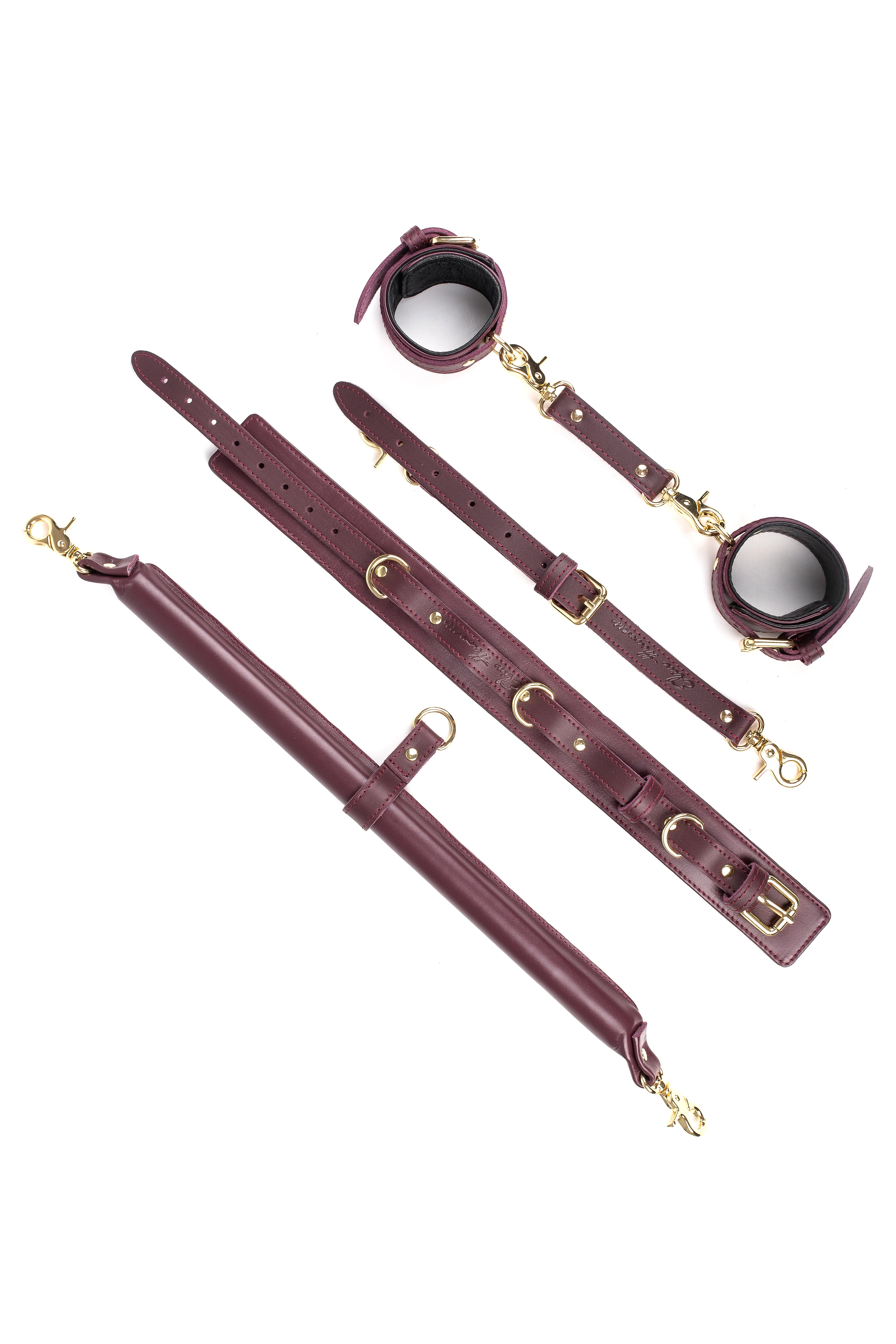 3 Point BDSM Leather Spreader Bar Set. Burgundy