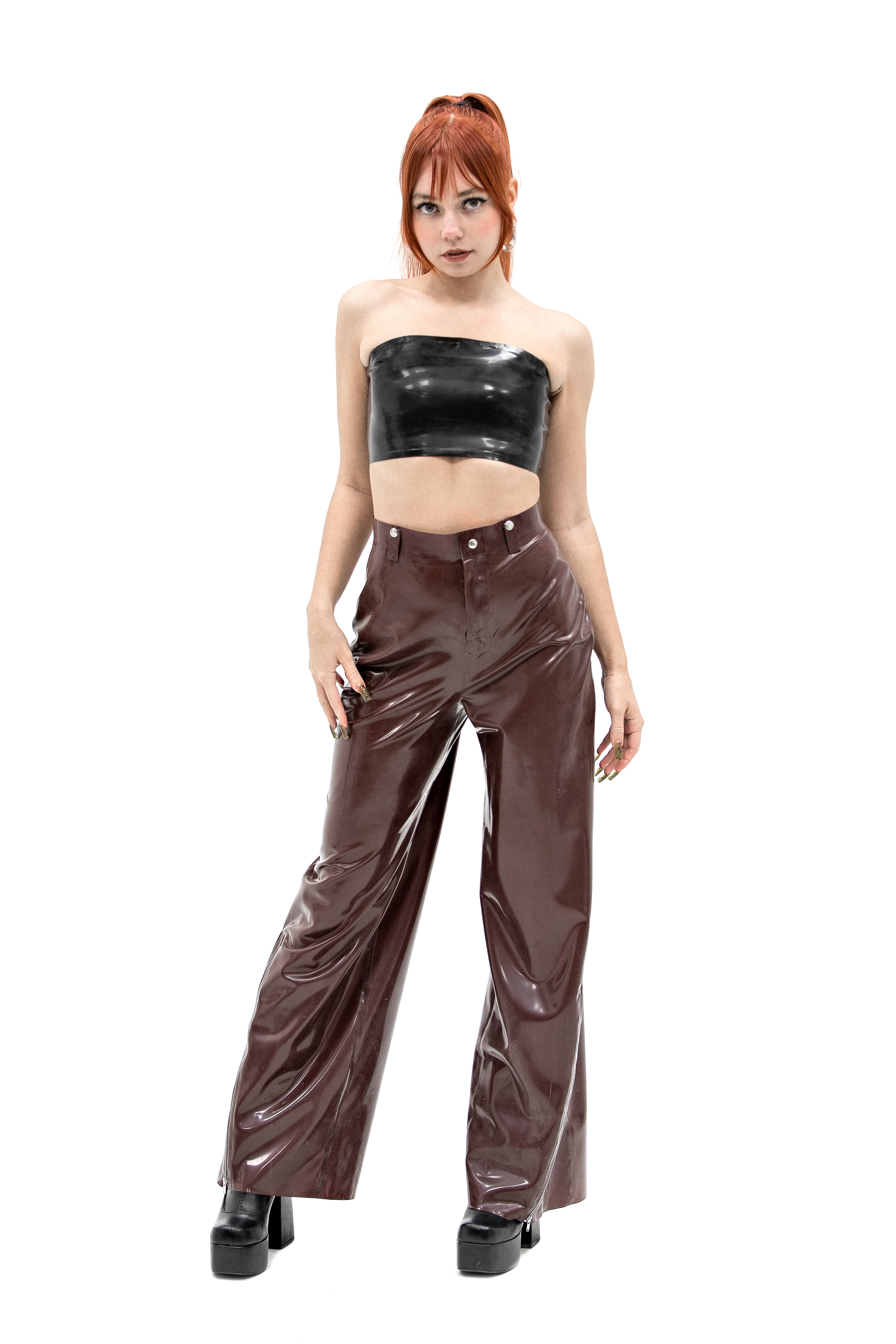 High-Waisted Latex Pants with Side Zippers. Brown