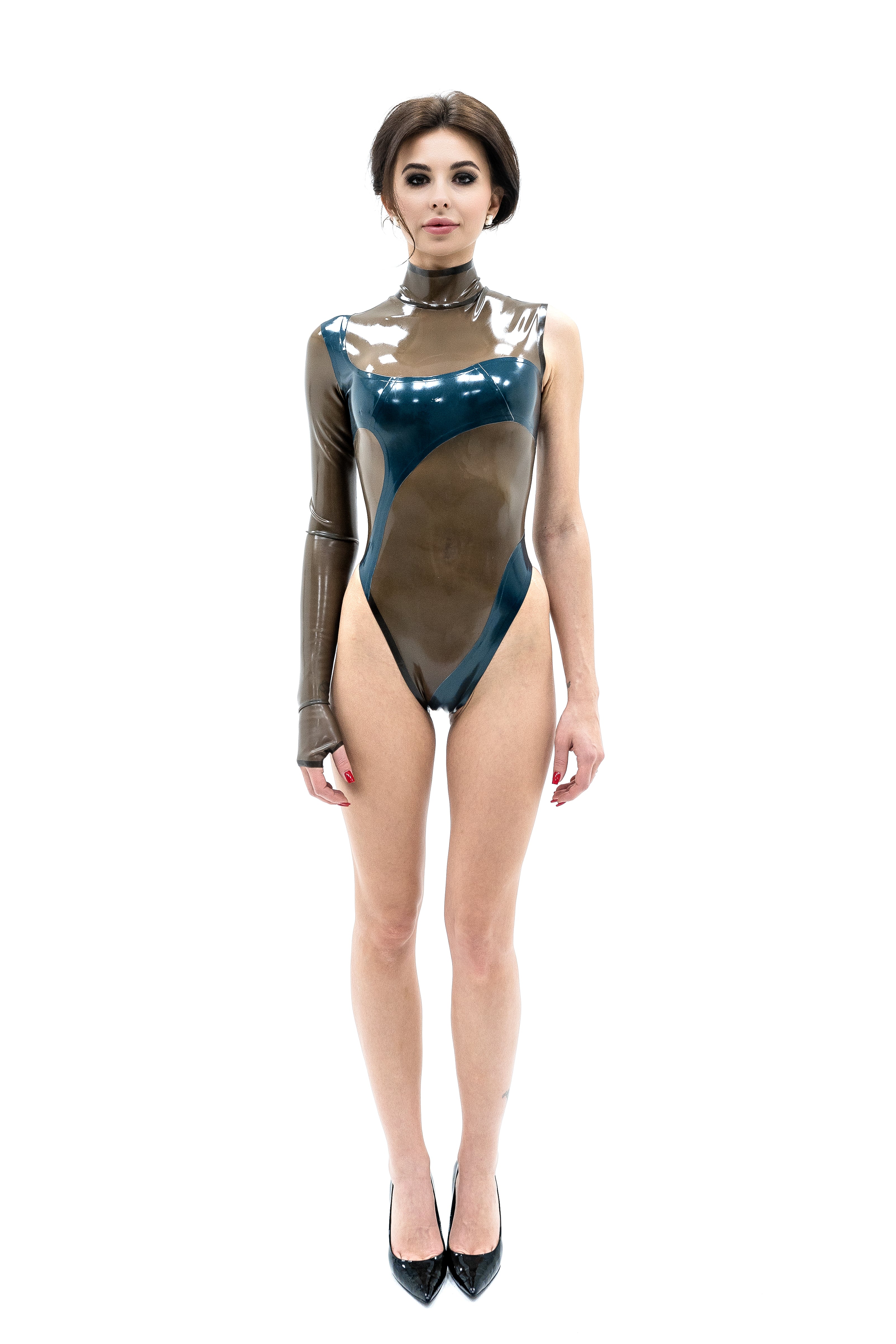 Latex Bodysuit with 1-sleeve. Asymmetric printed