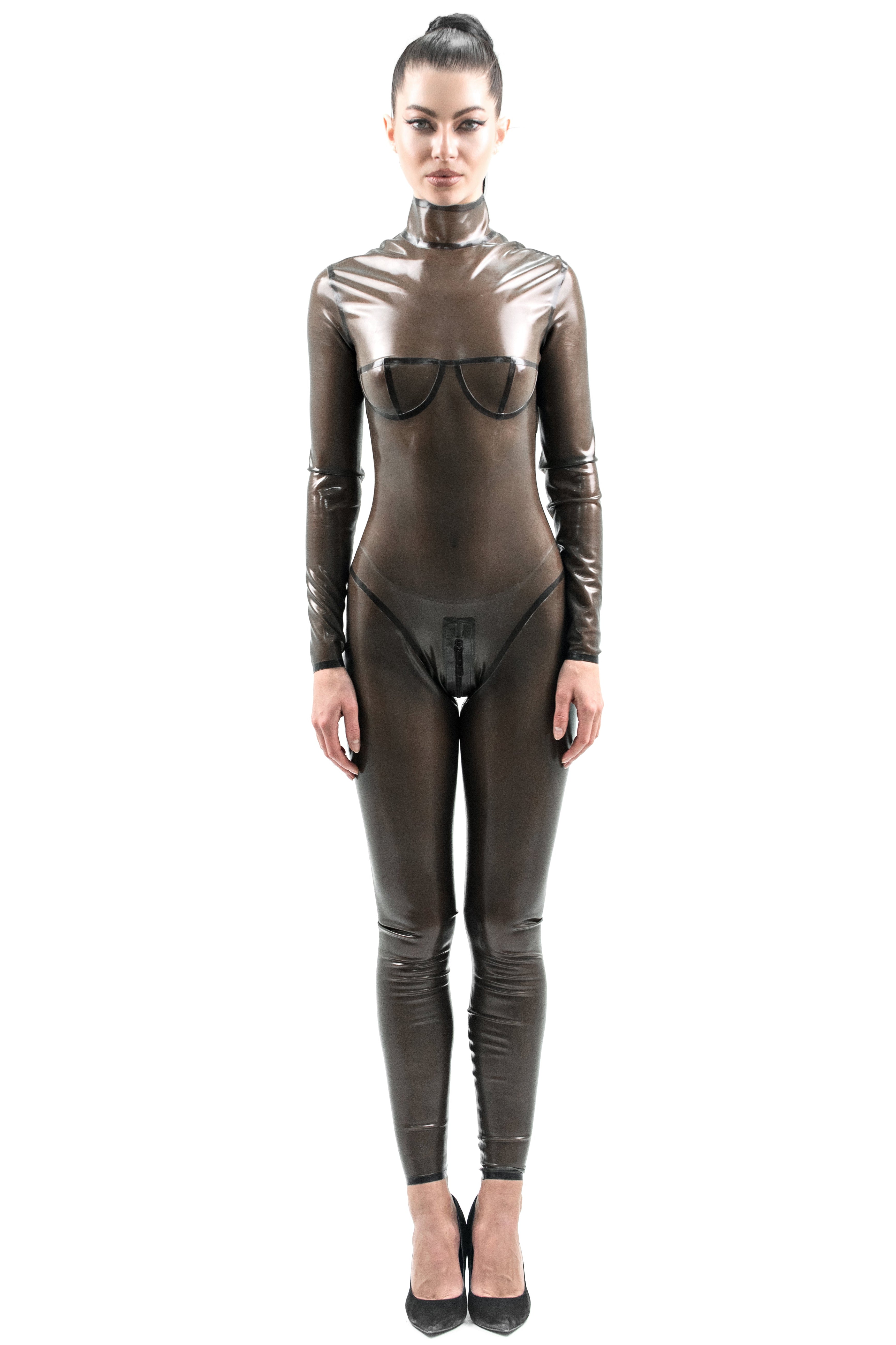 Full Body Latex Catsuit. Semi-transparent Black