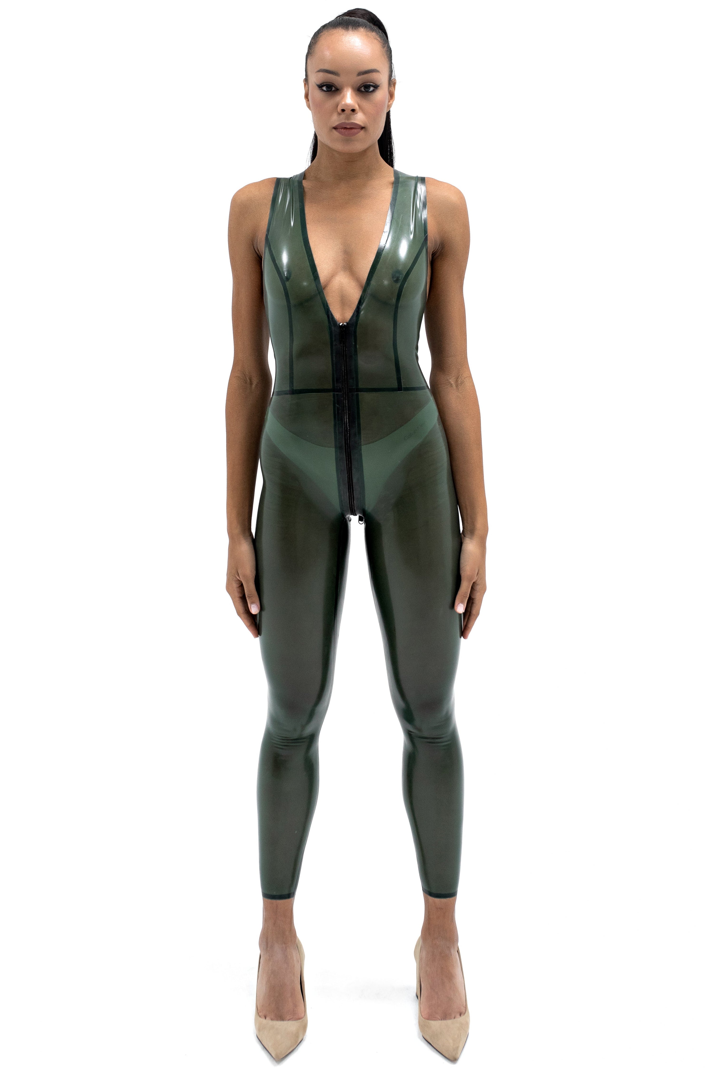 Latex Sleeveles Catsuit. Semi-transparent Olive