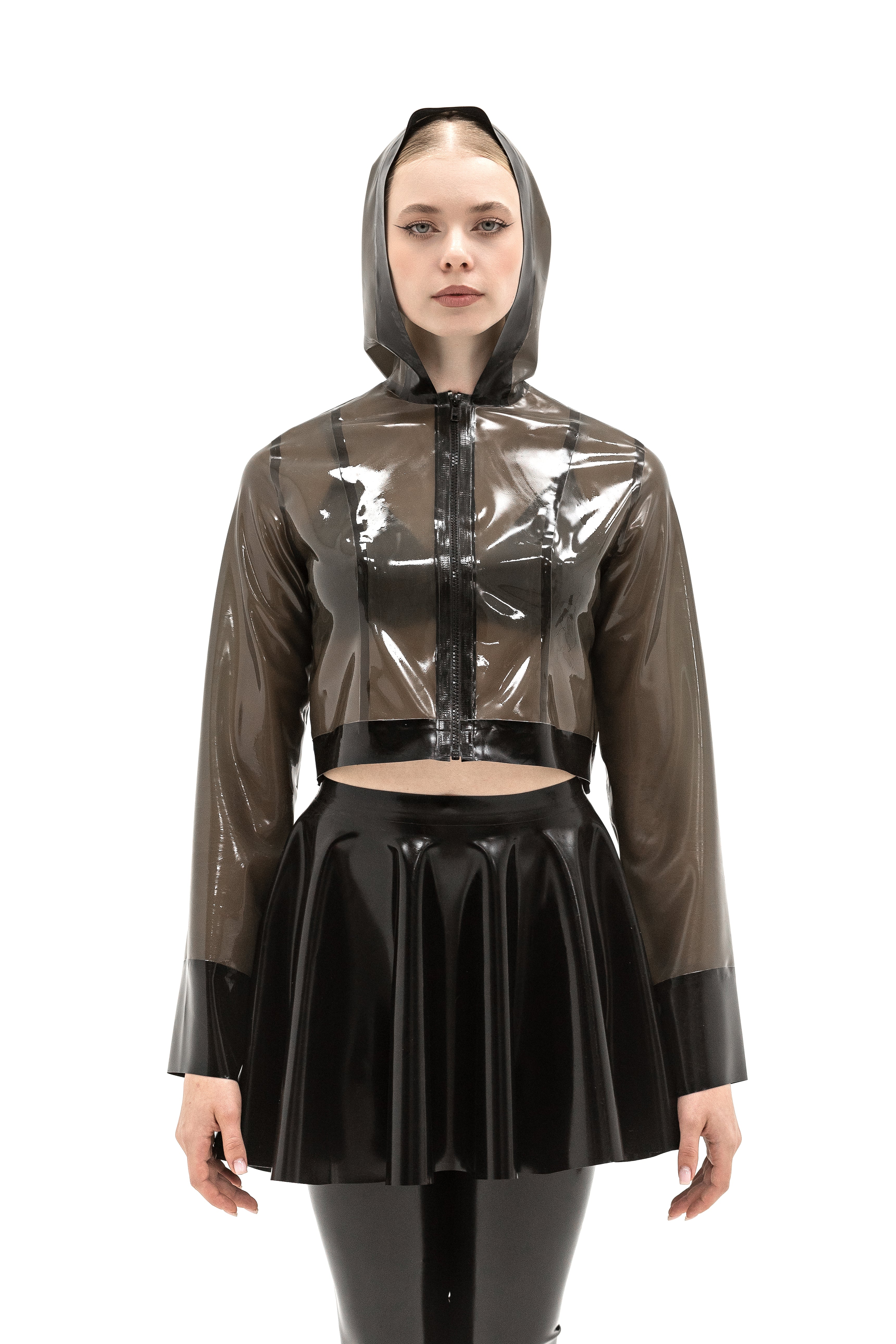 Latex shortcut jacket with a hood. Semi-transparent Black