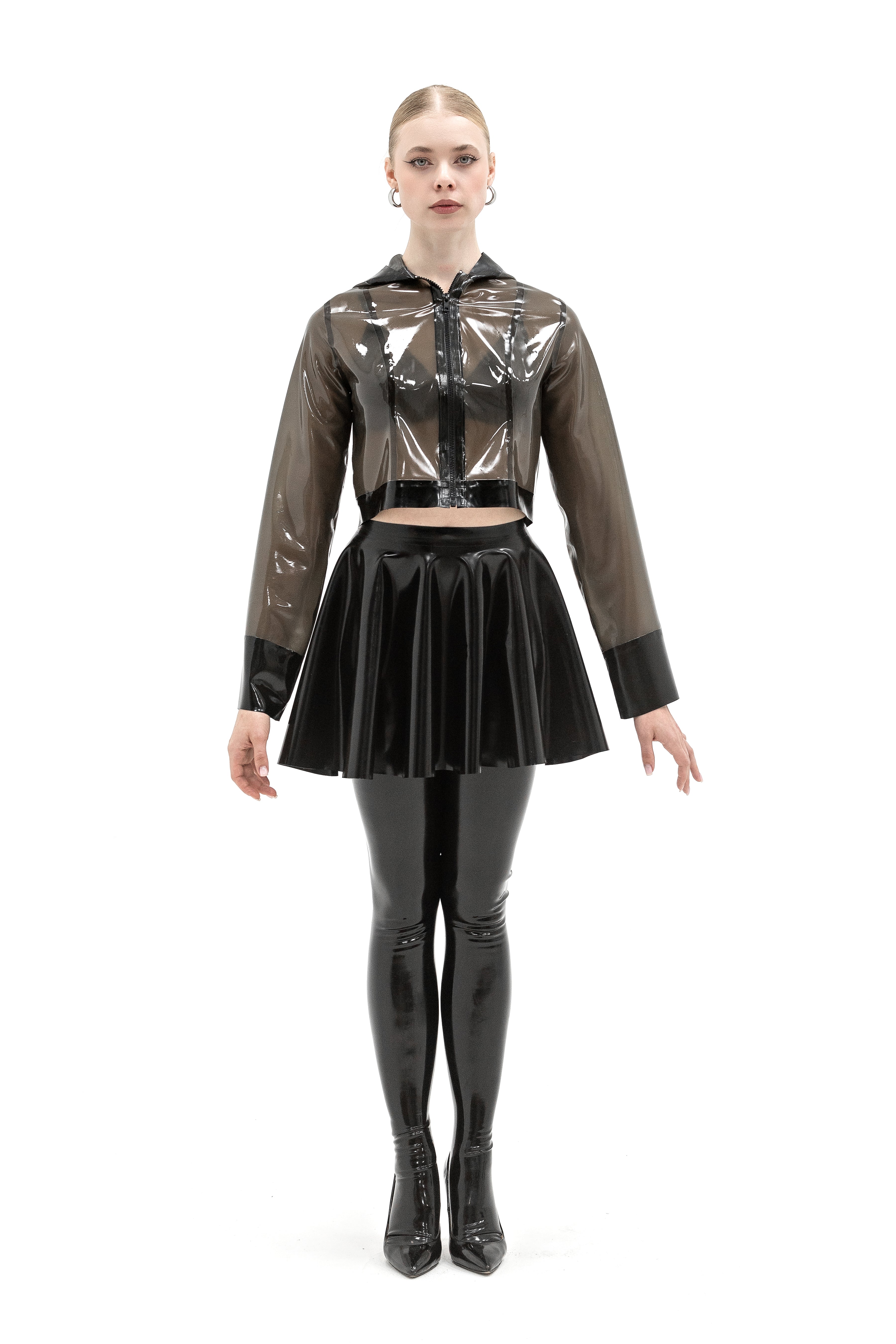 Latex shortcut jacket with a hood. Semi-transparent Black