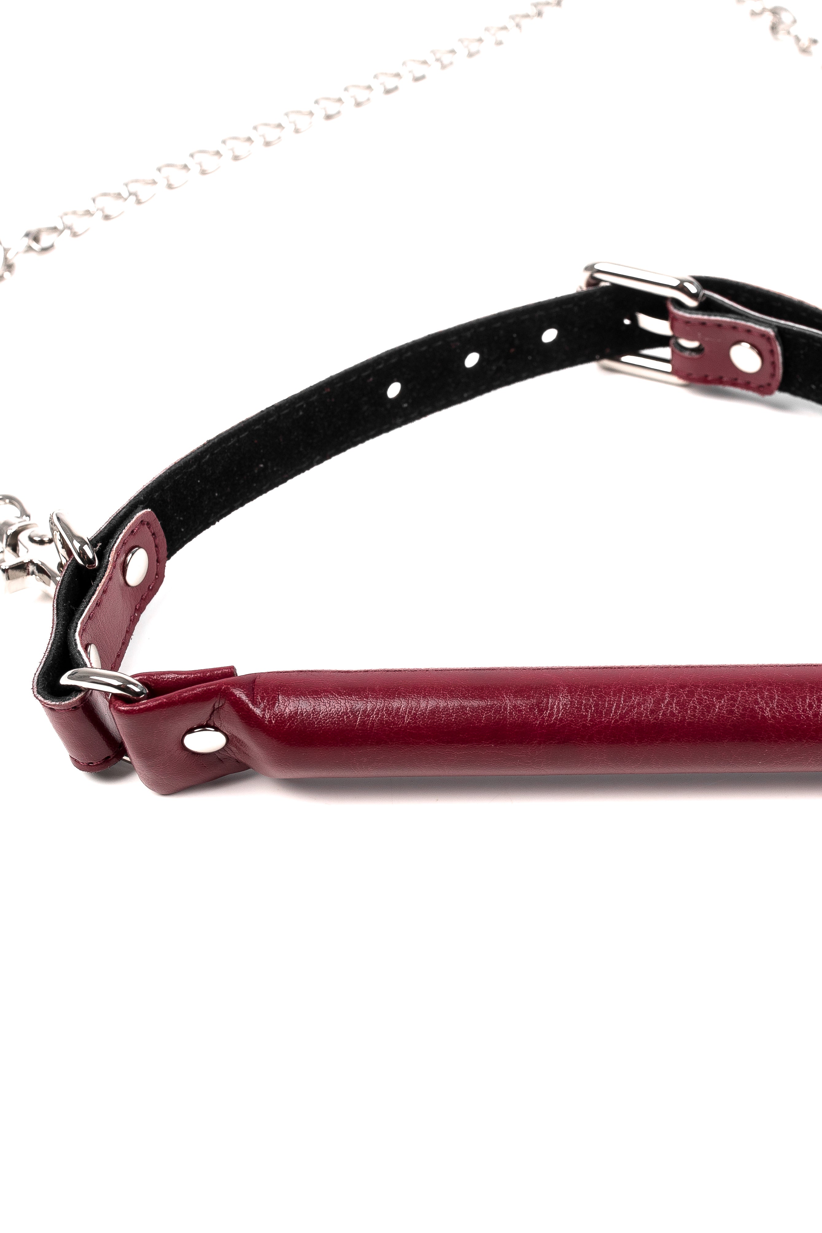 Vegan Leather Bridle Gag with removable chain leash. Burgundy