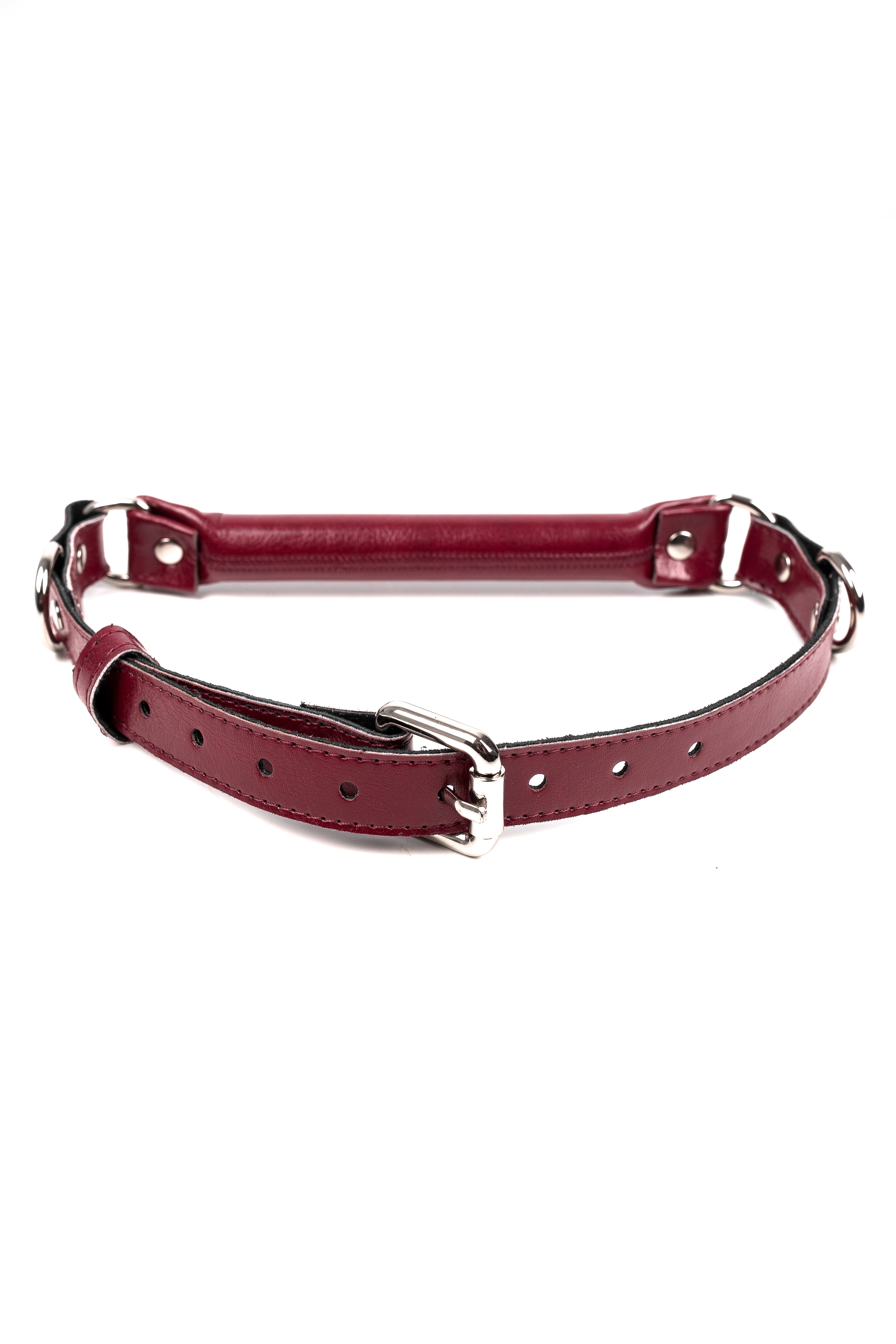 Vegan Leather Bridle Gag with removable chain leash. Burgundy