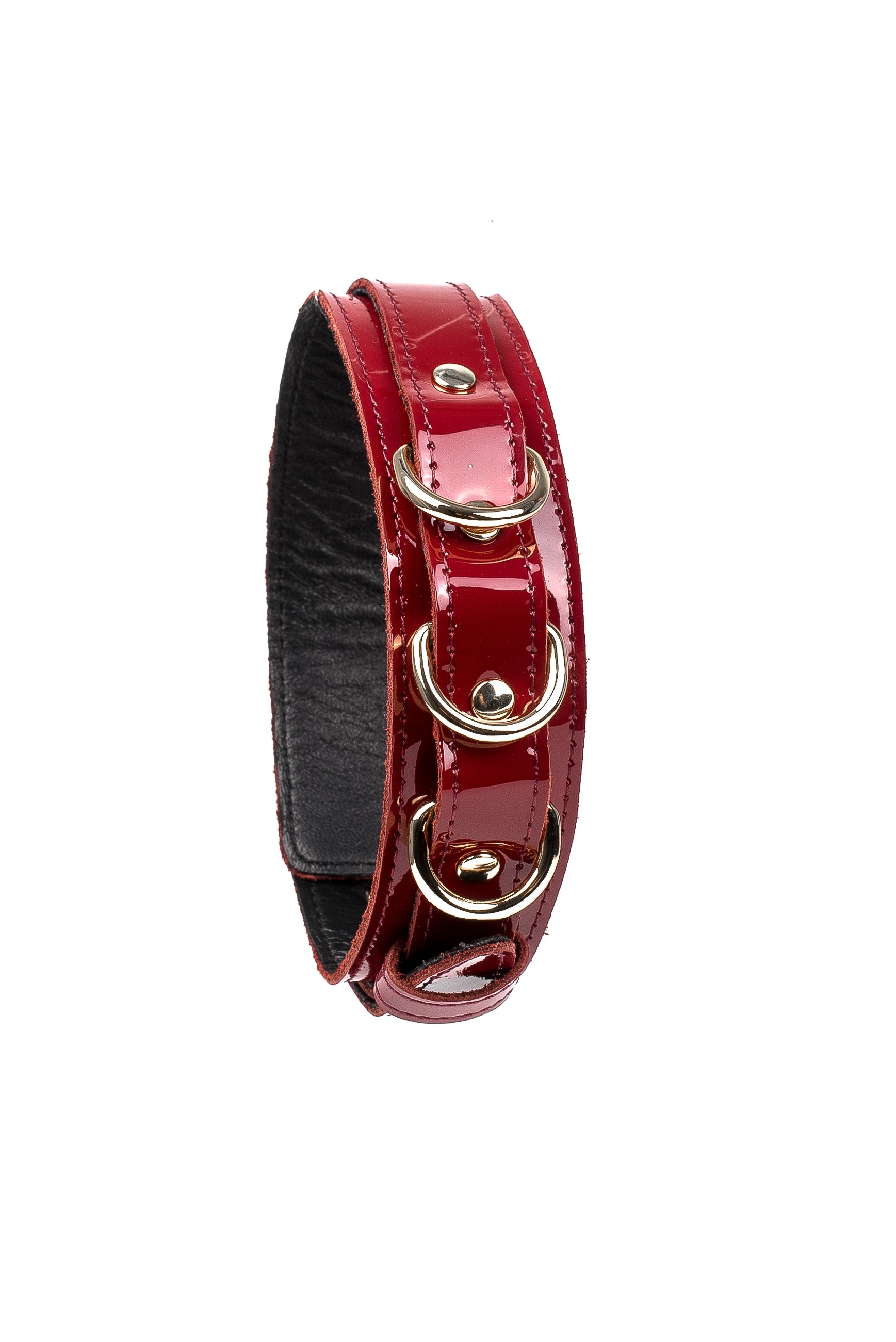 Lacquered Leather Collar with 3 D-rings. Burgundy