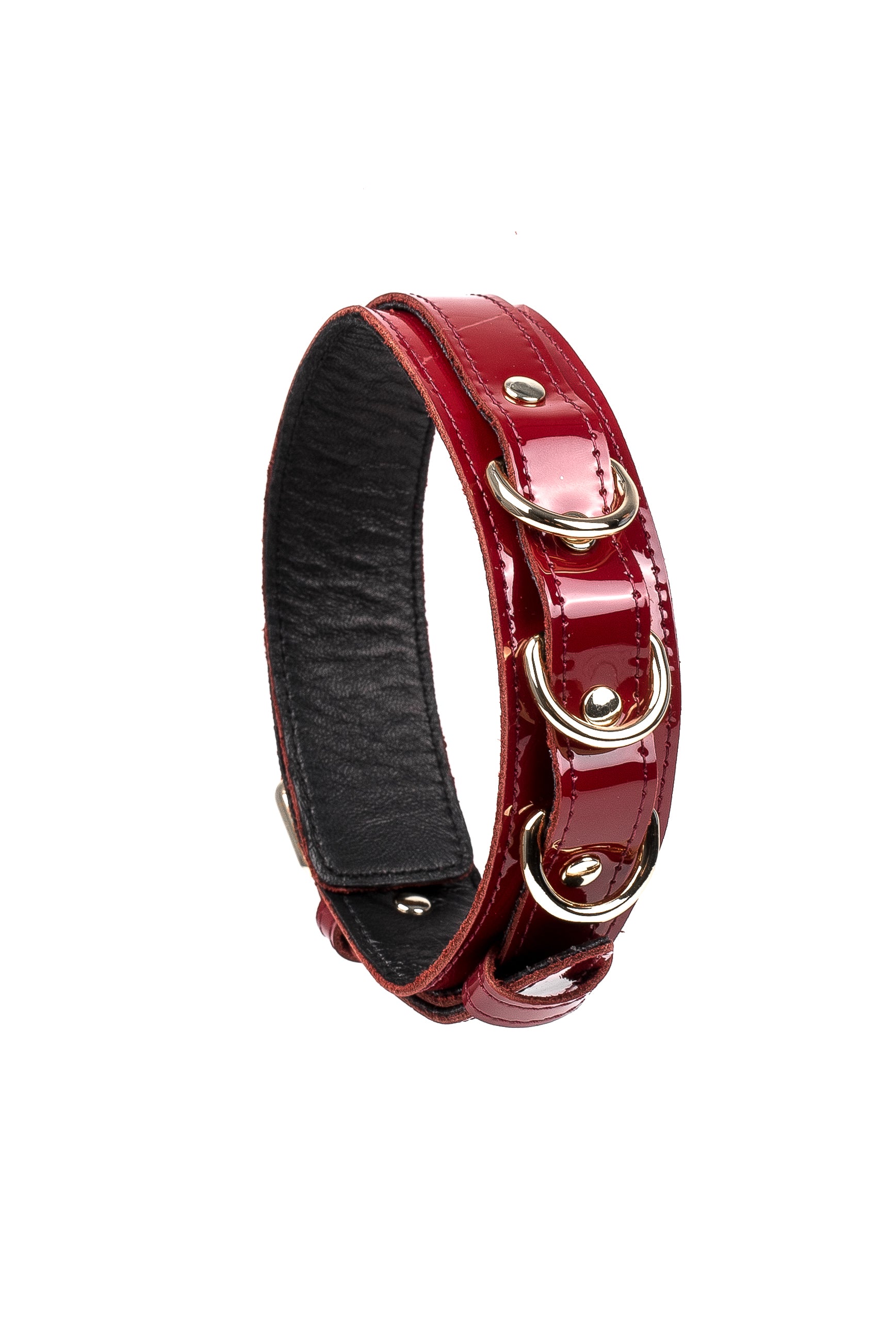 Lacquered Leather Collar with 3 D-rings. Burgundy