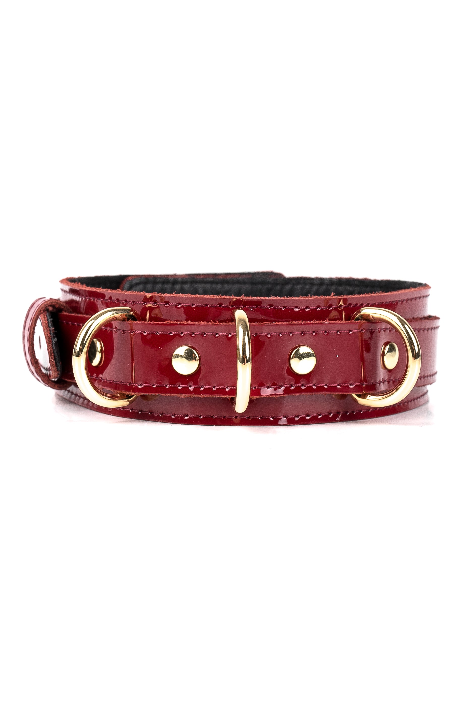 Lacquered Leather Collar with 3 D-rings. Burgundy