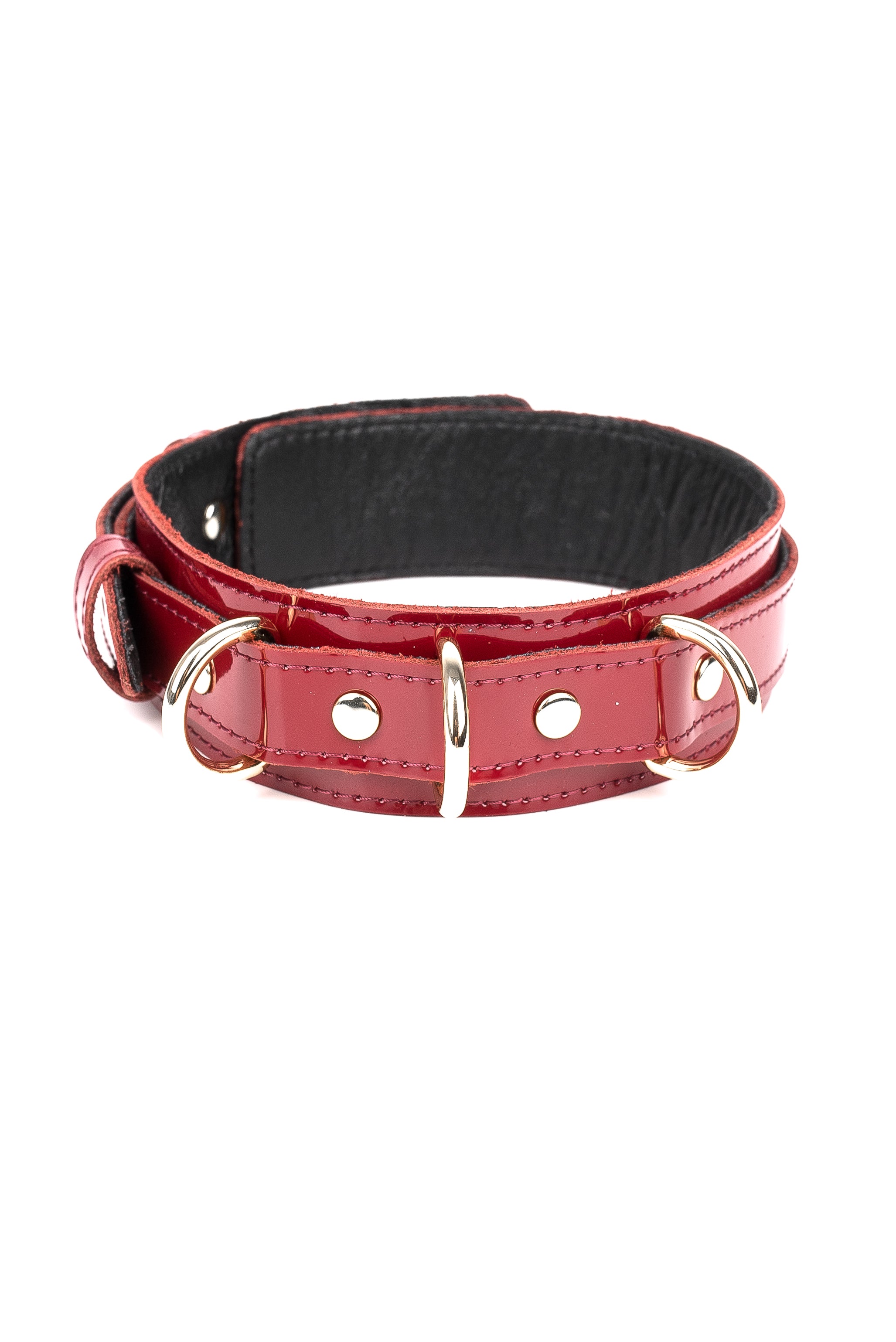 Lacquered Leather Collar with 3 D-rings. Burgundy