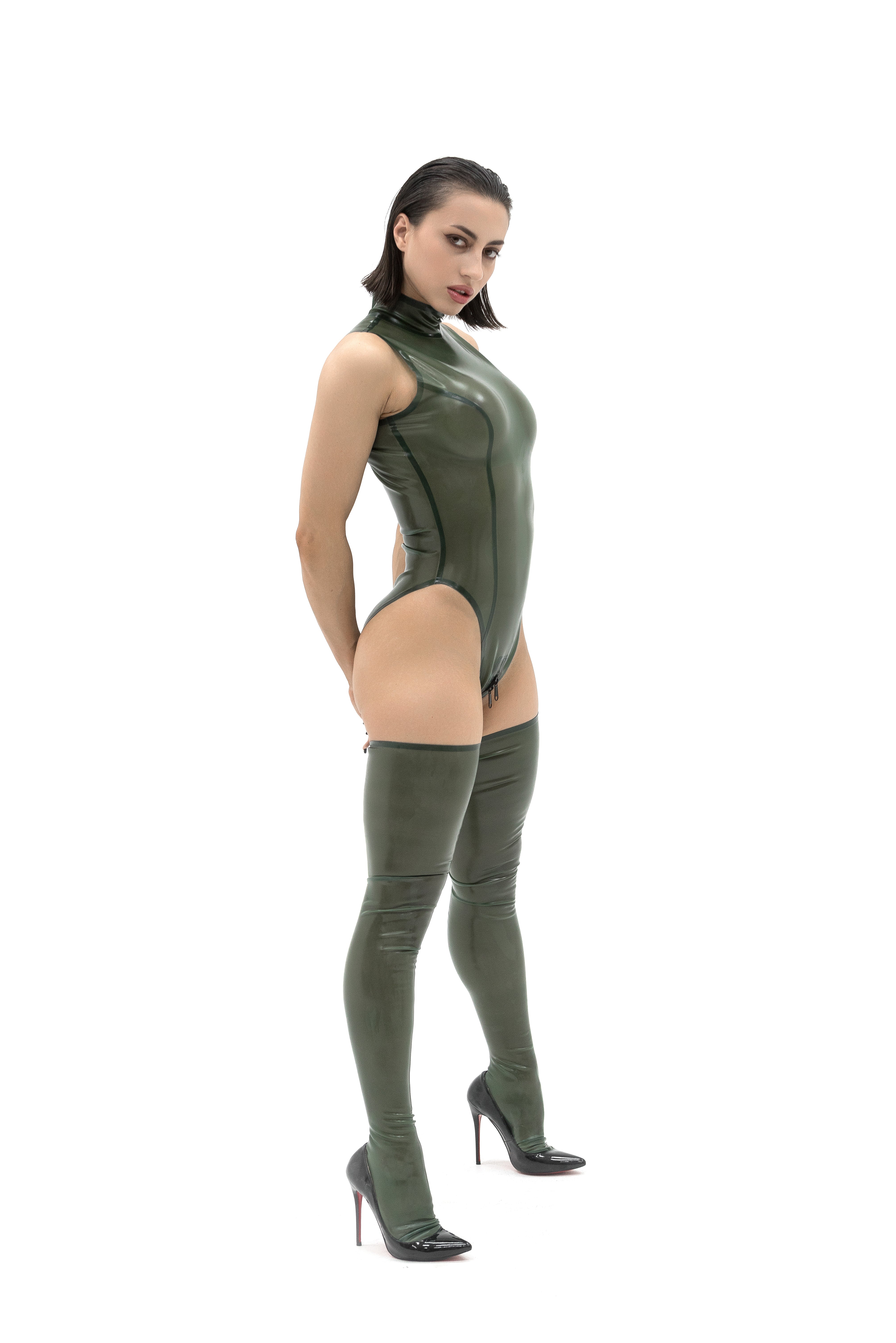 Semi-transparent Olive Latex Bodysuit, Latex Stockings
