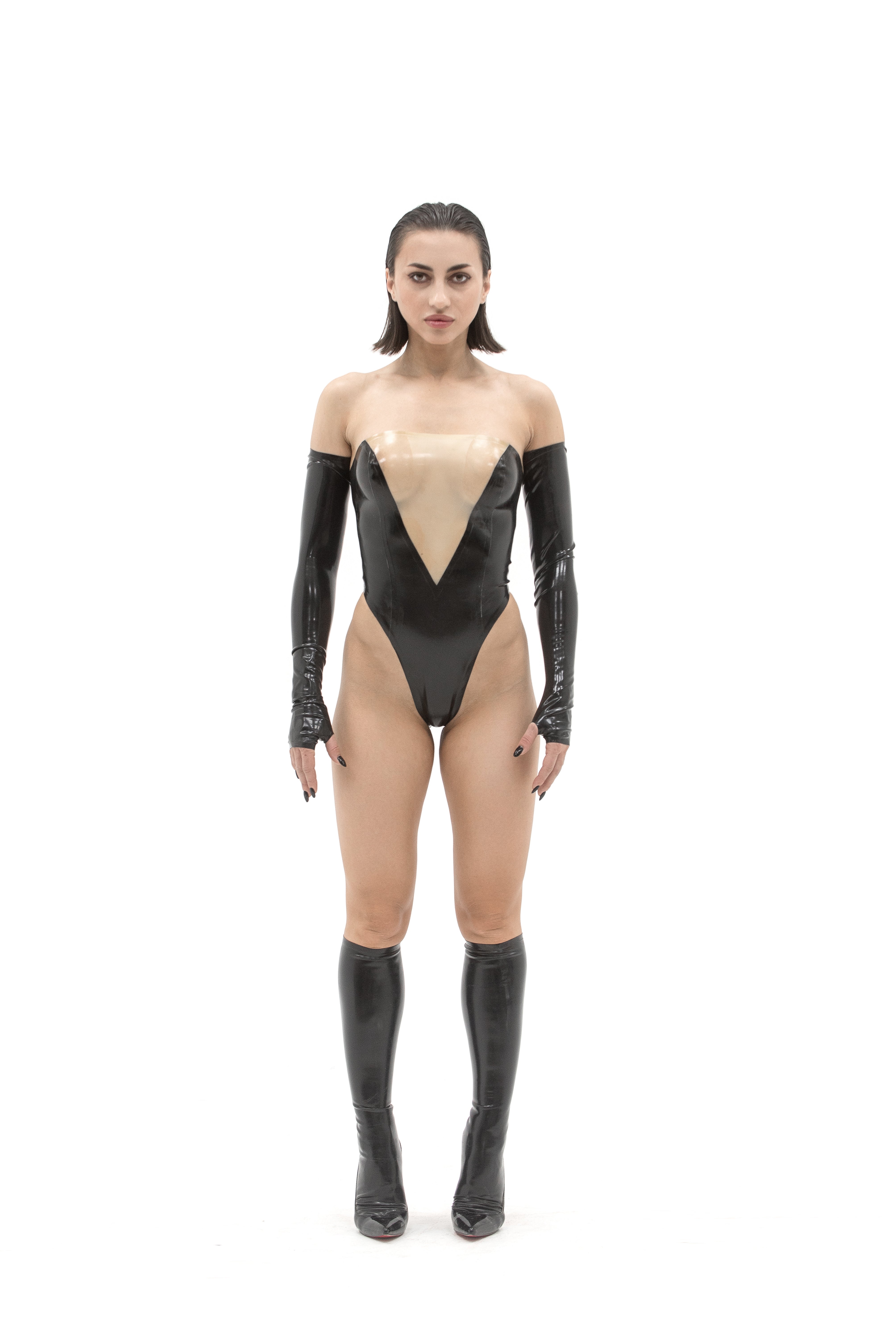 V-cut Latex Zipper Bodysuit