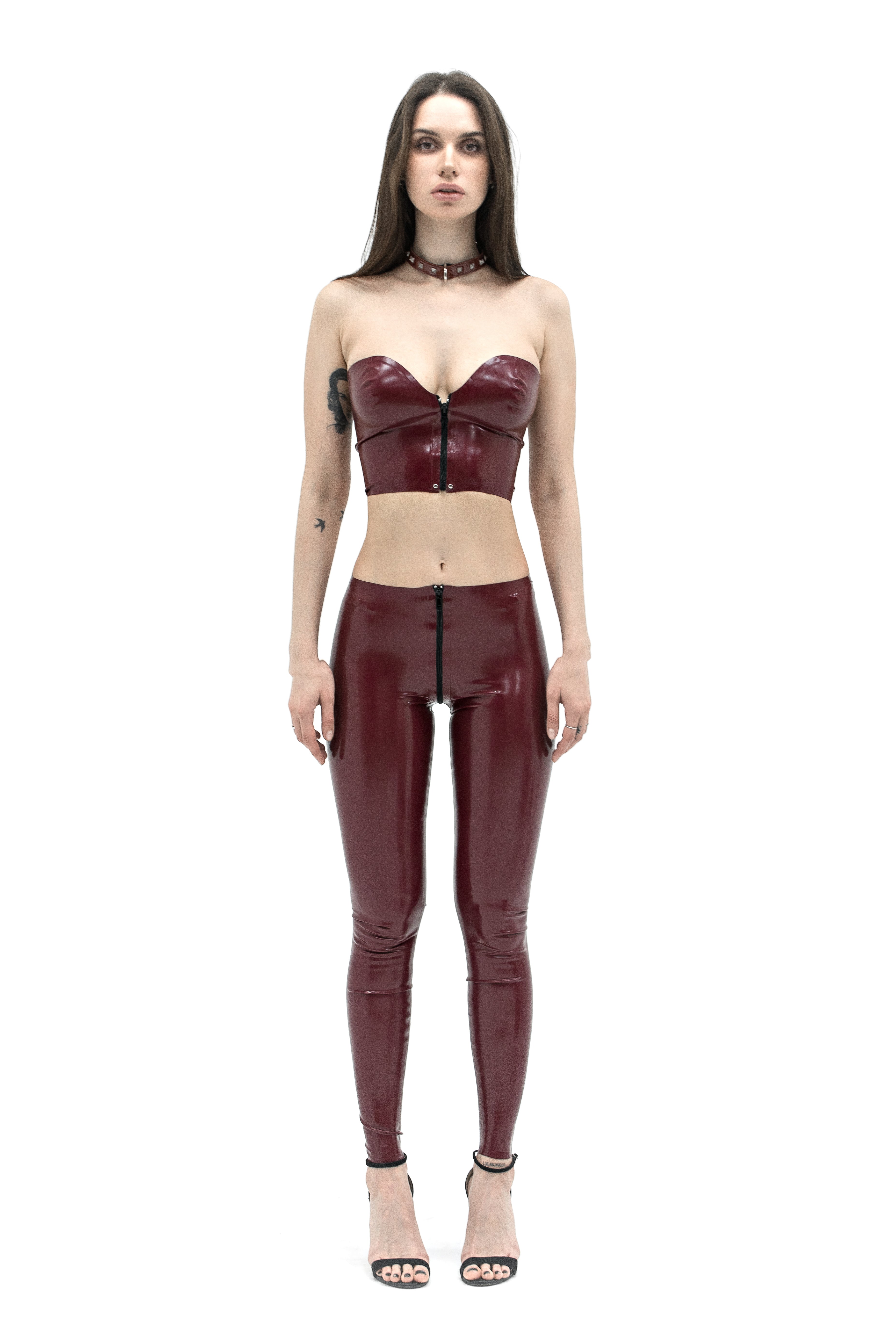 Latex top with front zipper. Cherry