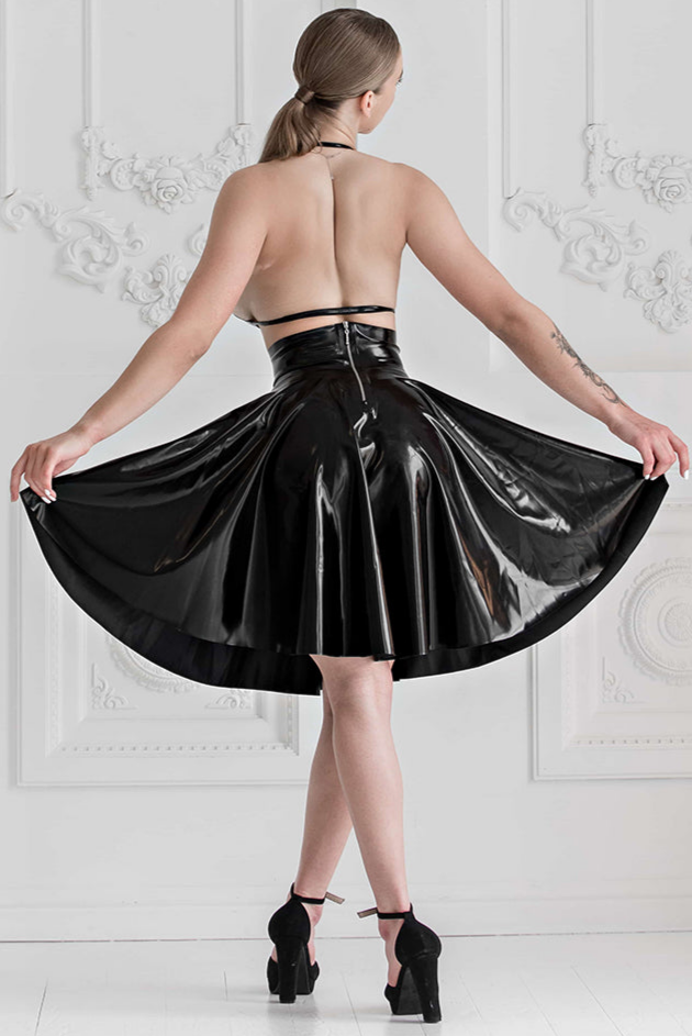 Latex high-waisted skirt with metal rivets. Black