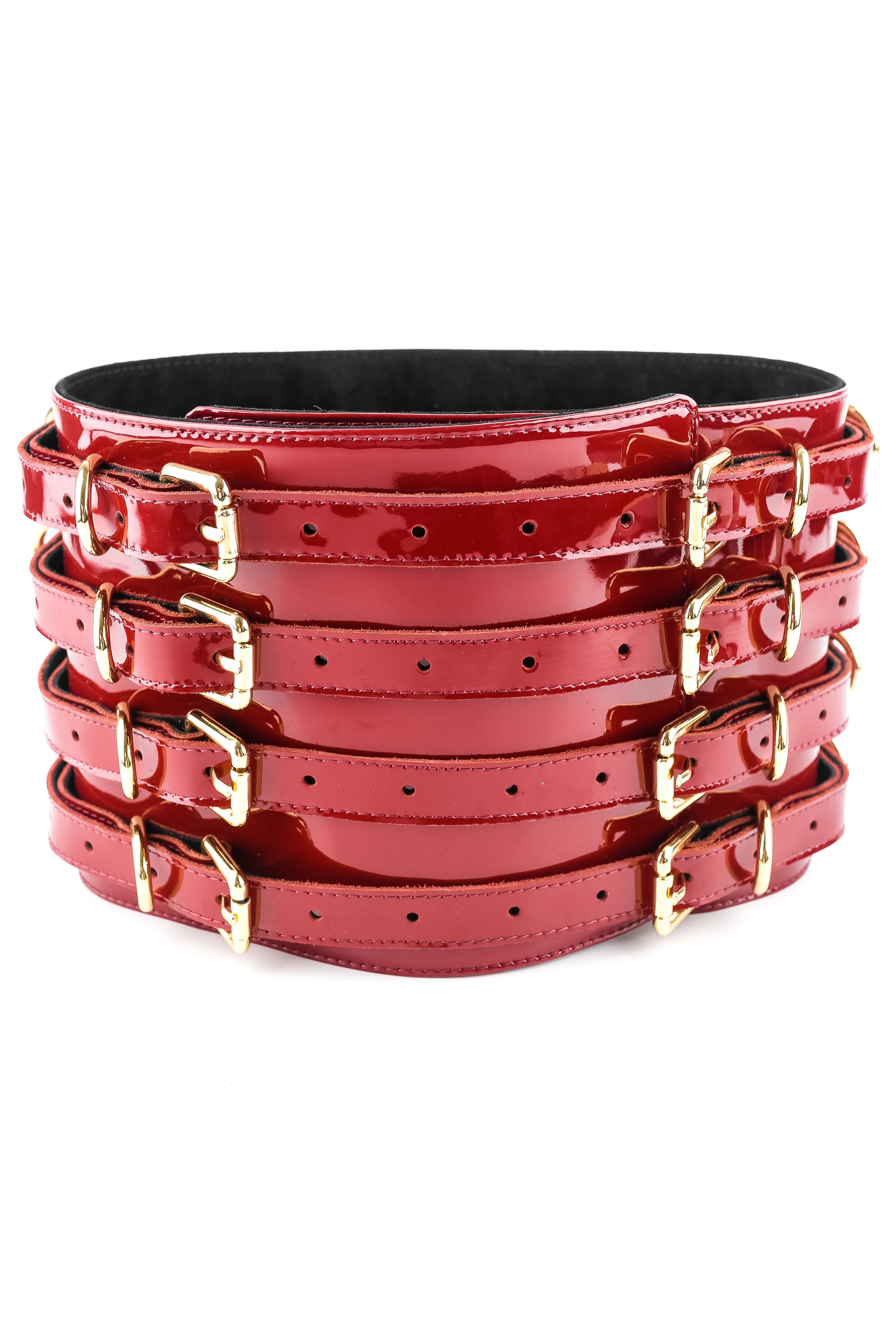 Lacquered Leather Wide Waist Belt. Burgundy