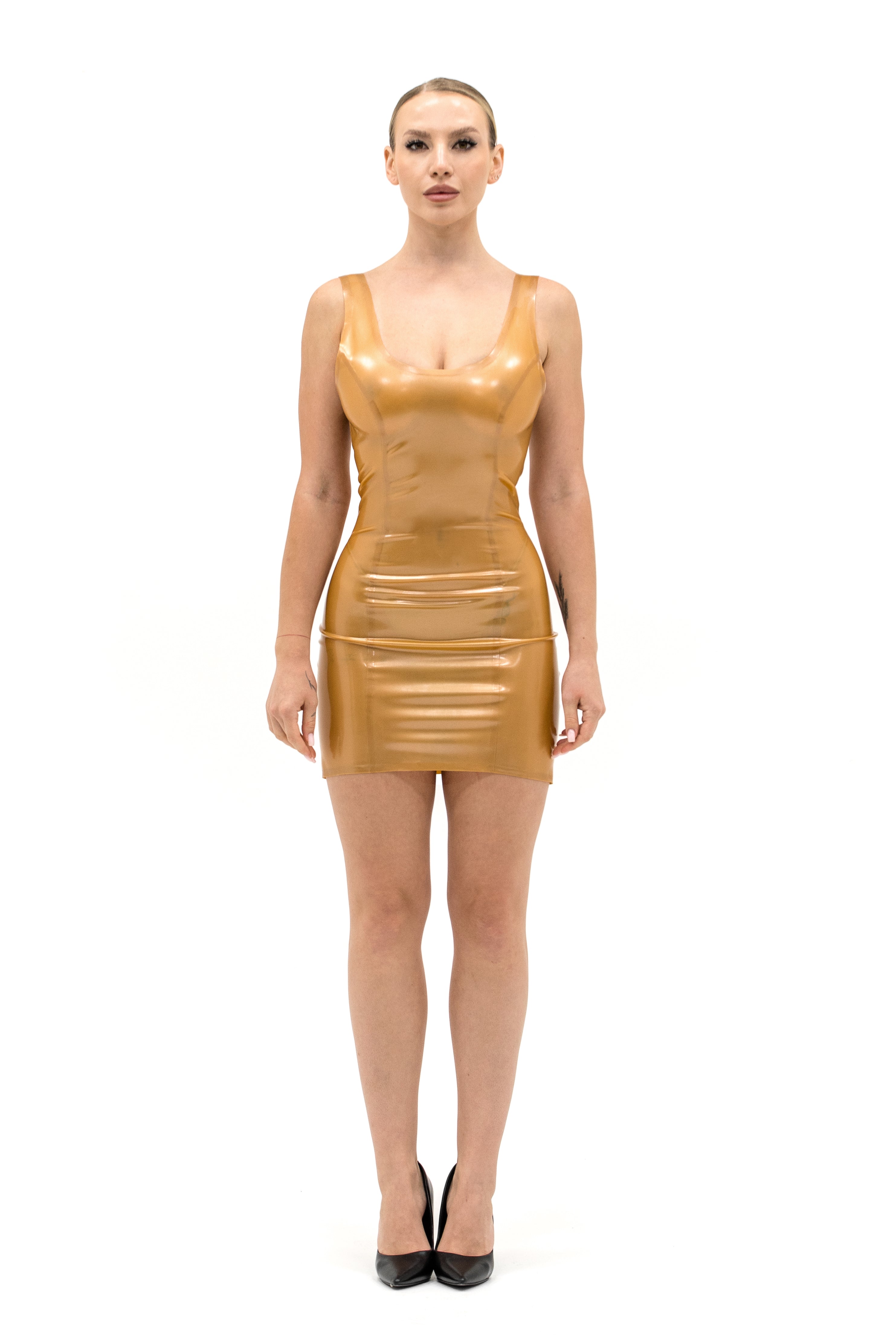 Translucent Latex Mini Dress. Metallic Gold